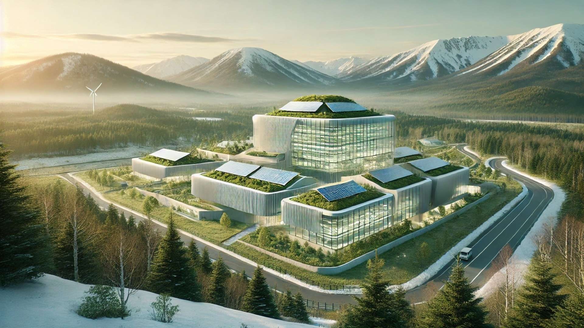 Zero Emission Data Center Ishikari in Hokkaido — showcasing sustainable, modern architecture integrated seamlessly with the natural landscape and surrounding snow-dusted mountains