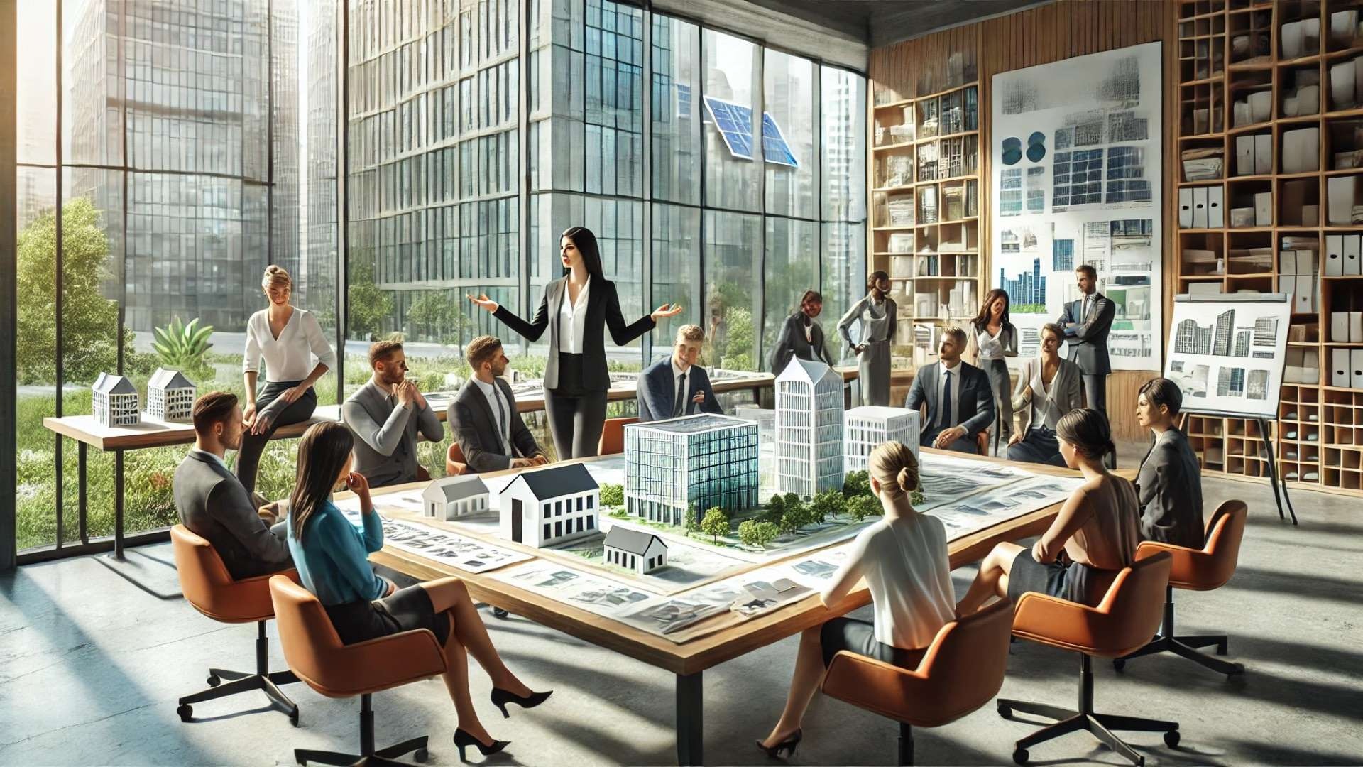Collaborative design meeting in a bright studio, with architects discussing sustainable building models and a woman leading the conversation at the center.
