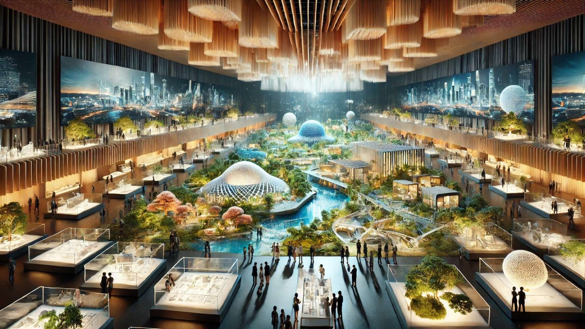Futuristic architecture showcase featuring immersive urban design displays, landscape models, and collaborative exhibition spaces illuminated by dramatic hanging light structures.