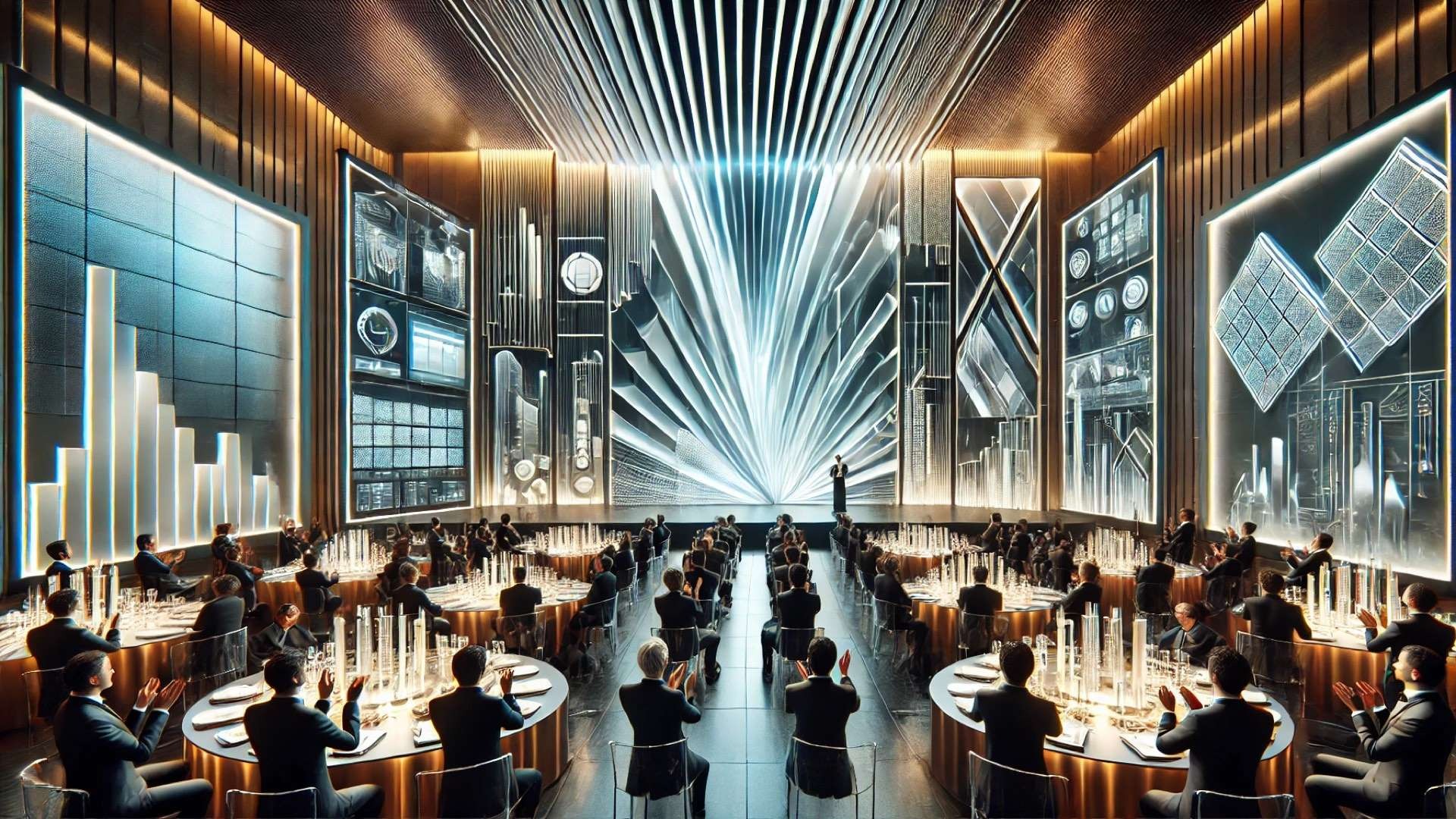 Futuristic professional awards banquet with glowing glass-and-metal stage installations, seated industry guests, and unmarked trophies celebrating innovation in building materials and design.