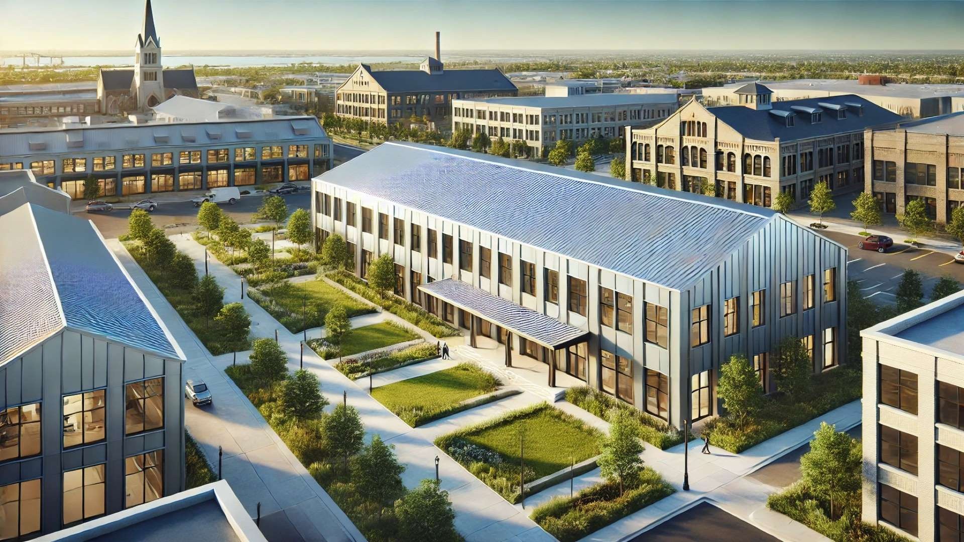 sleek commercial building with a modern metal roof, highlighting its reflective finish, durability, and seamless integration with the structure’s contemporary design