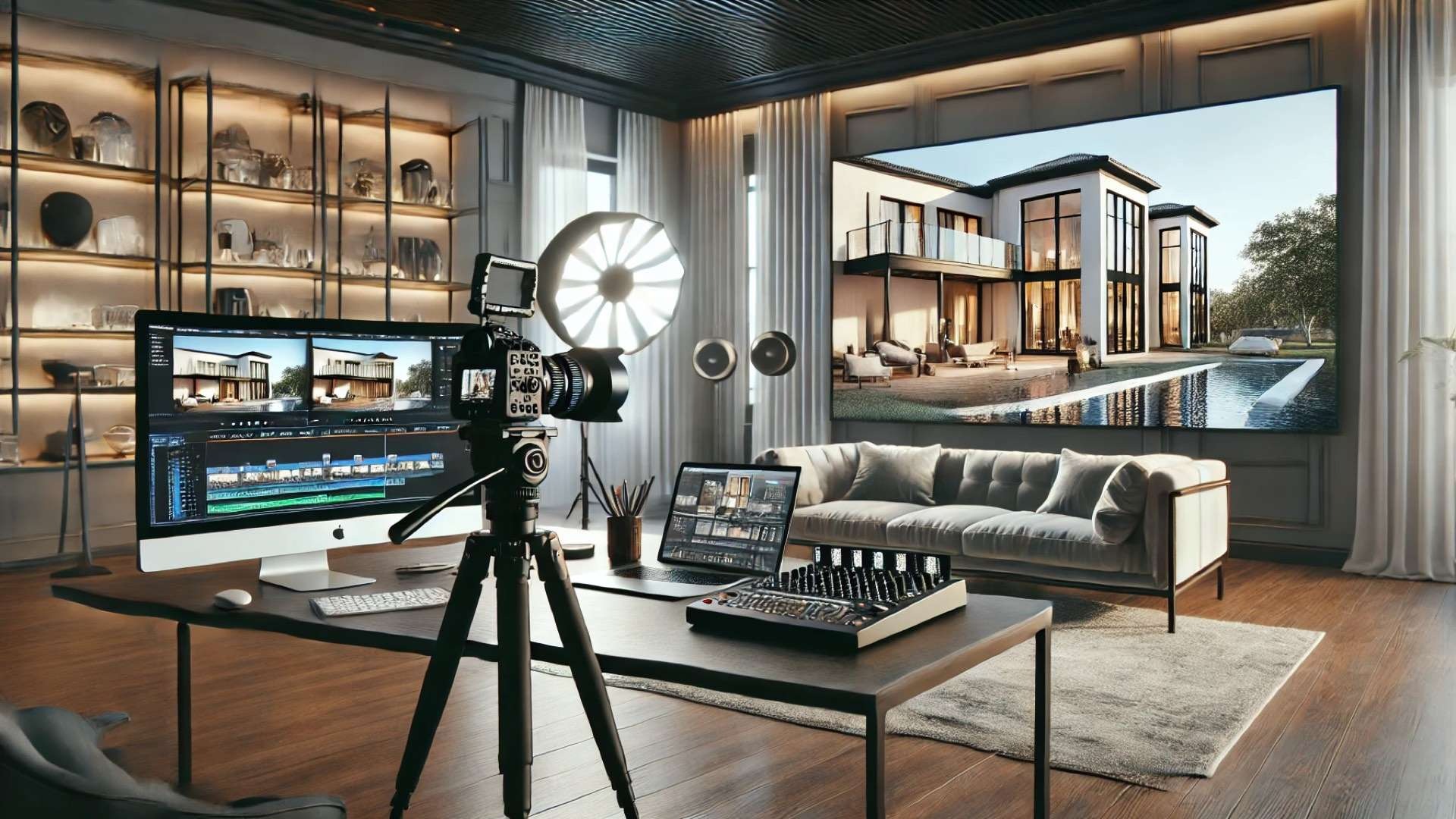 refined video marketing workspace designed for showcasing high-end real estate—capturing the tools, ambiance, and elegance needed to produce compelling property video content
