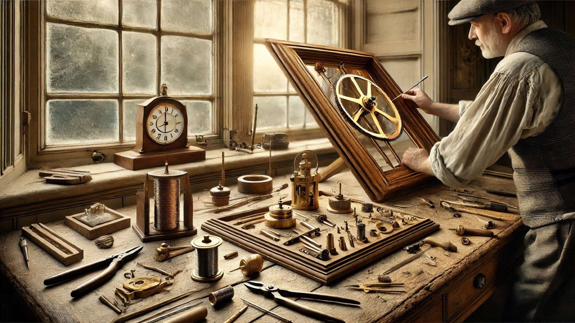 craftsman meticulously restoring a historic window’s Caldwell tape balance system, emphasizing heritage preservation, fine detail, and timeless craftsmanship