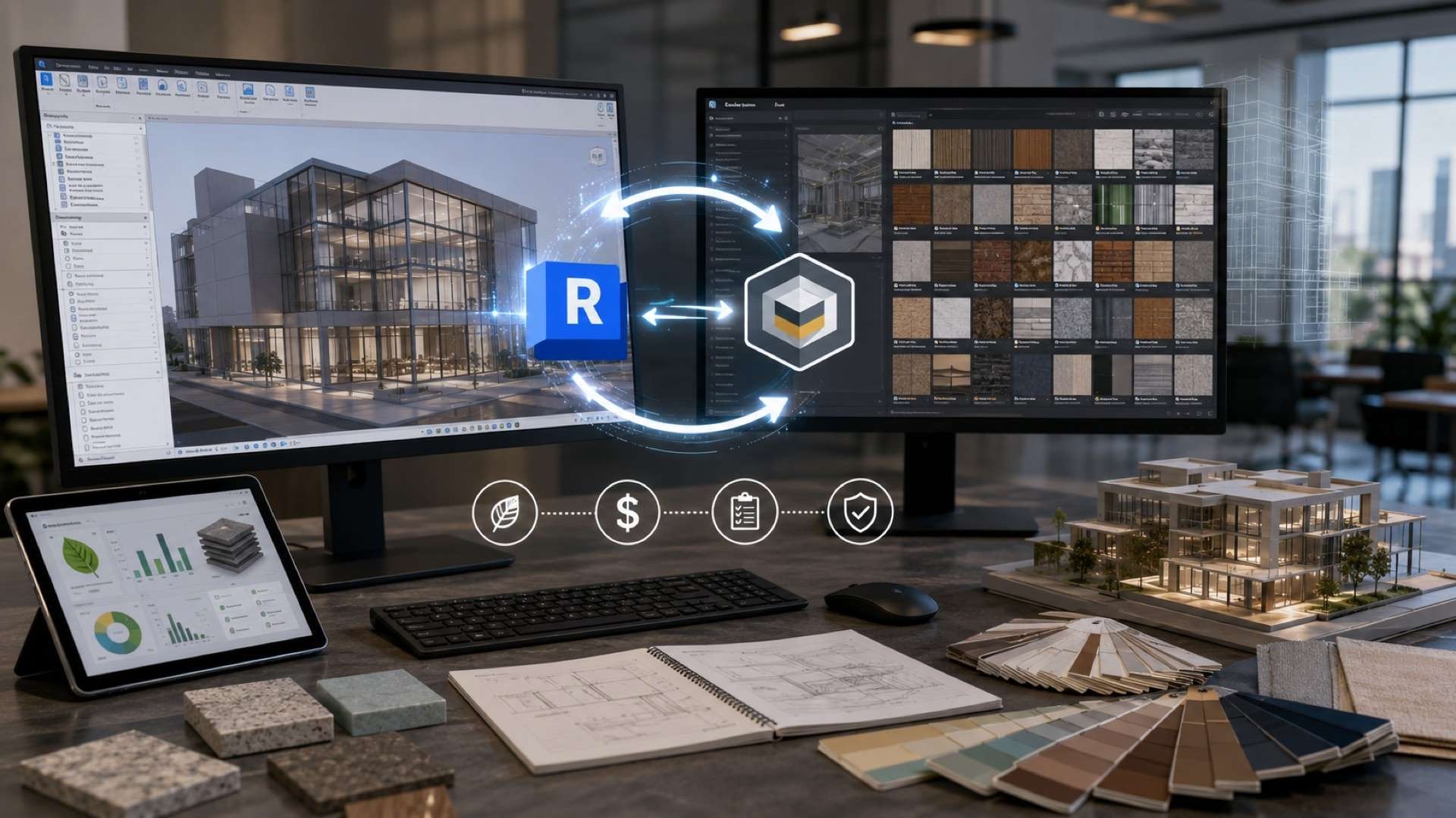 A bright architectural studio workspace features two large monitors, one showing a detailed building model and the other showing a materials database, connected by glowing bidirectional arrows, with material samples, color swatches, a tablet with sustainability charts, and a scale building model arranged across the desk.