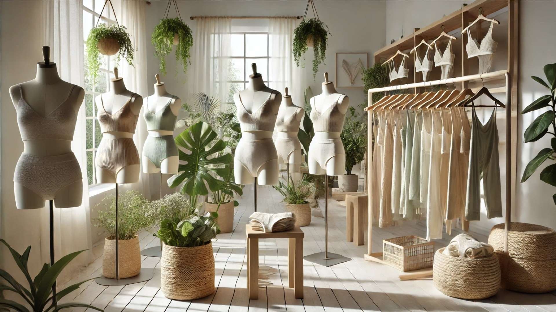 serene, sustainable fashion studio interior that highlights eco-friendly materials and ethical design in intimate apparel
