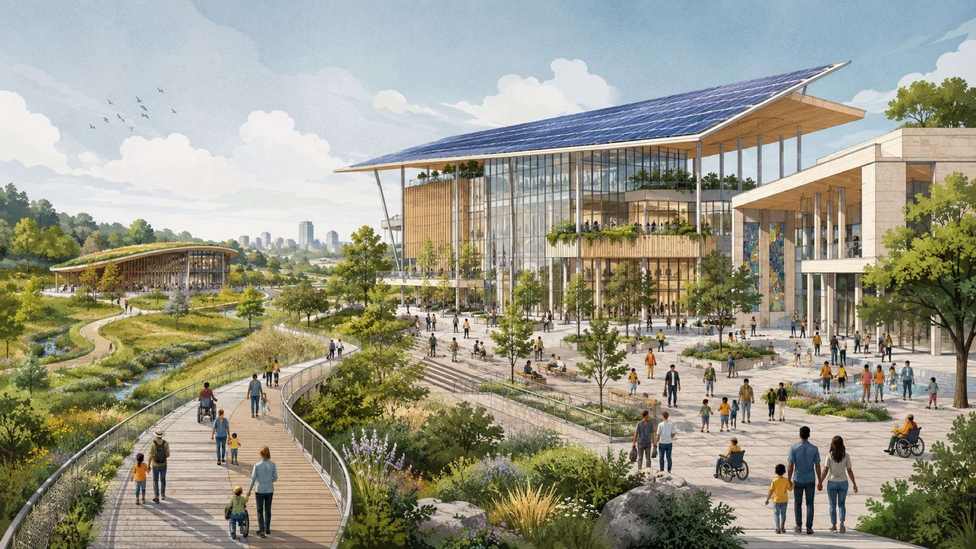 A sustainable civic campus features a solar-roofed public building, accessible plazas, native gardens, winding walkways, and families, students, and wheelchair users gathering throughout the landscape.