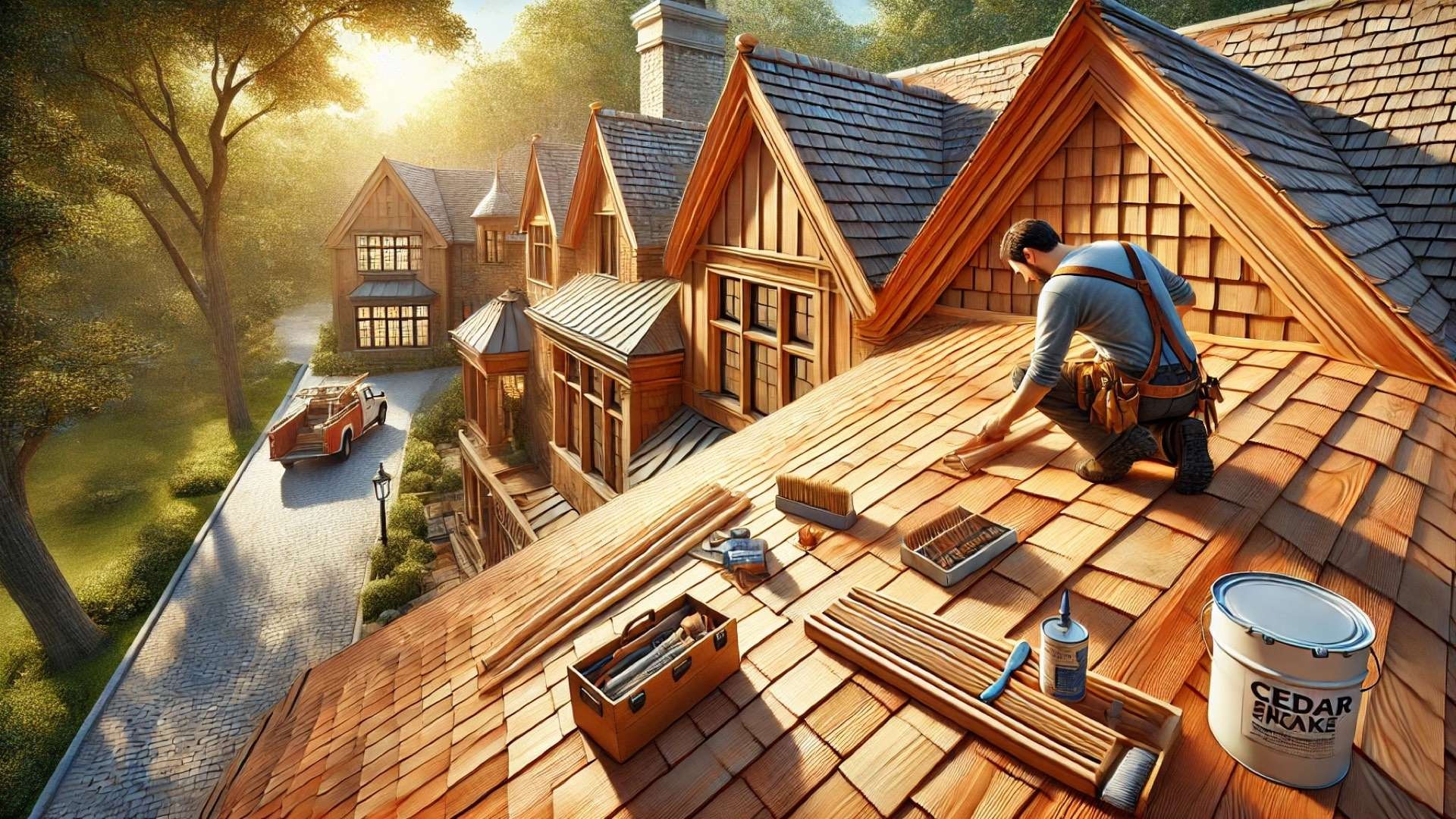 craftsman performing maintenance on a cedar shake roof, highlighting the natural texture and warmth of the wood in an elegant residential setting