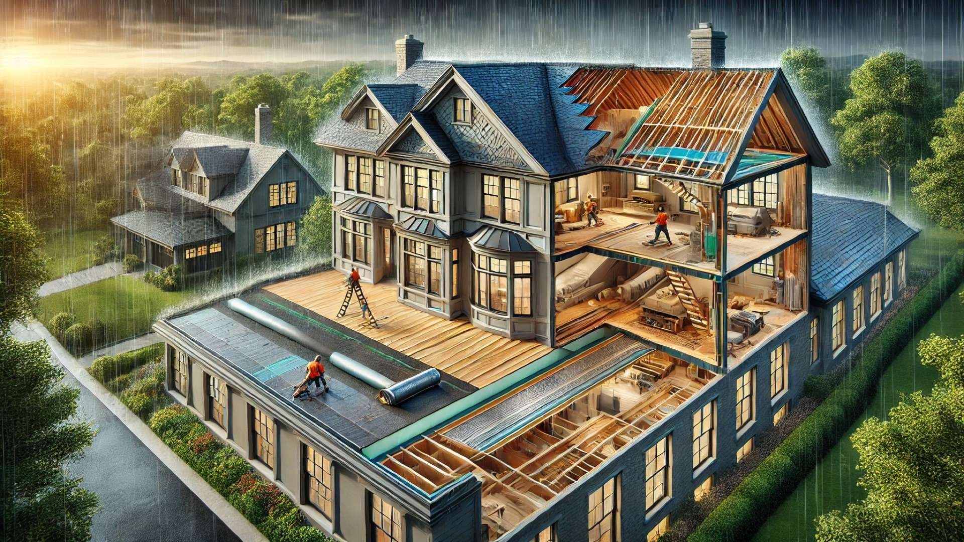 Detailed architectural section of a luxury residence showing exposed roof construction with synthetic underlayment, waterproof barriers, and roof decking protected from storm conditions outside.