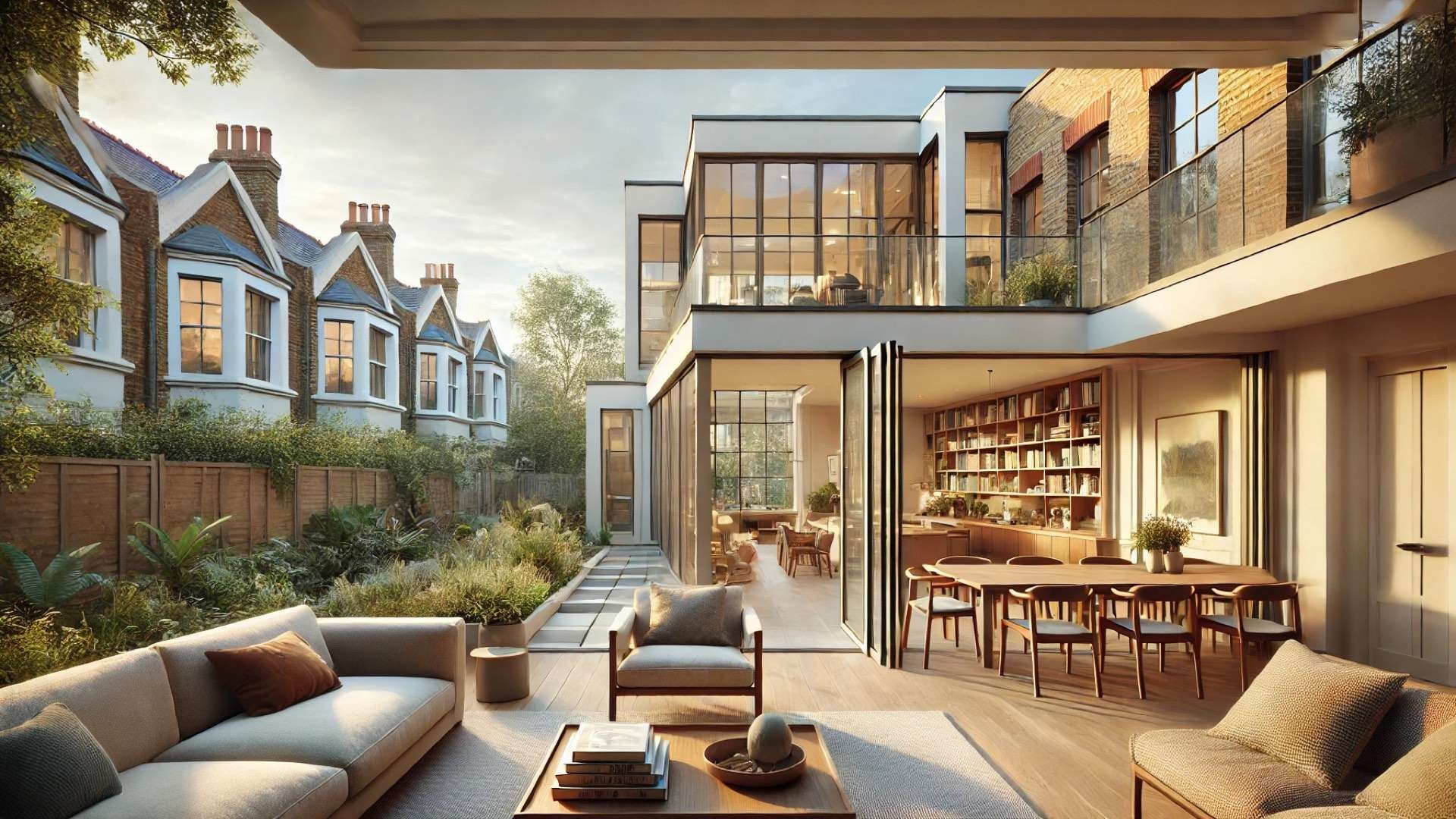 Contemporary London townhouse renovation with a modern rear extension opening onto a landscaped garden, featuring warm wood interiors, expansive glazing, and integrated indoor-outdoor living spaces.