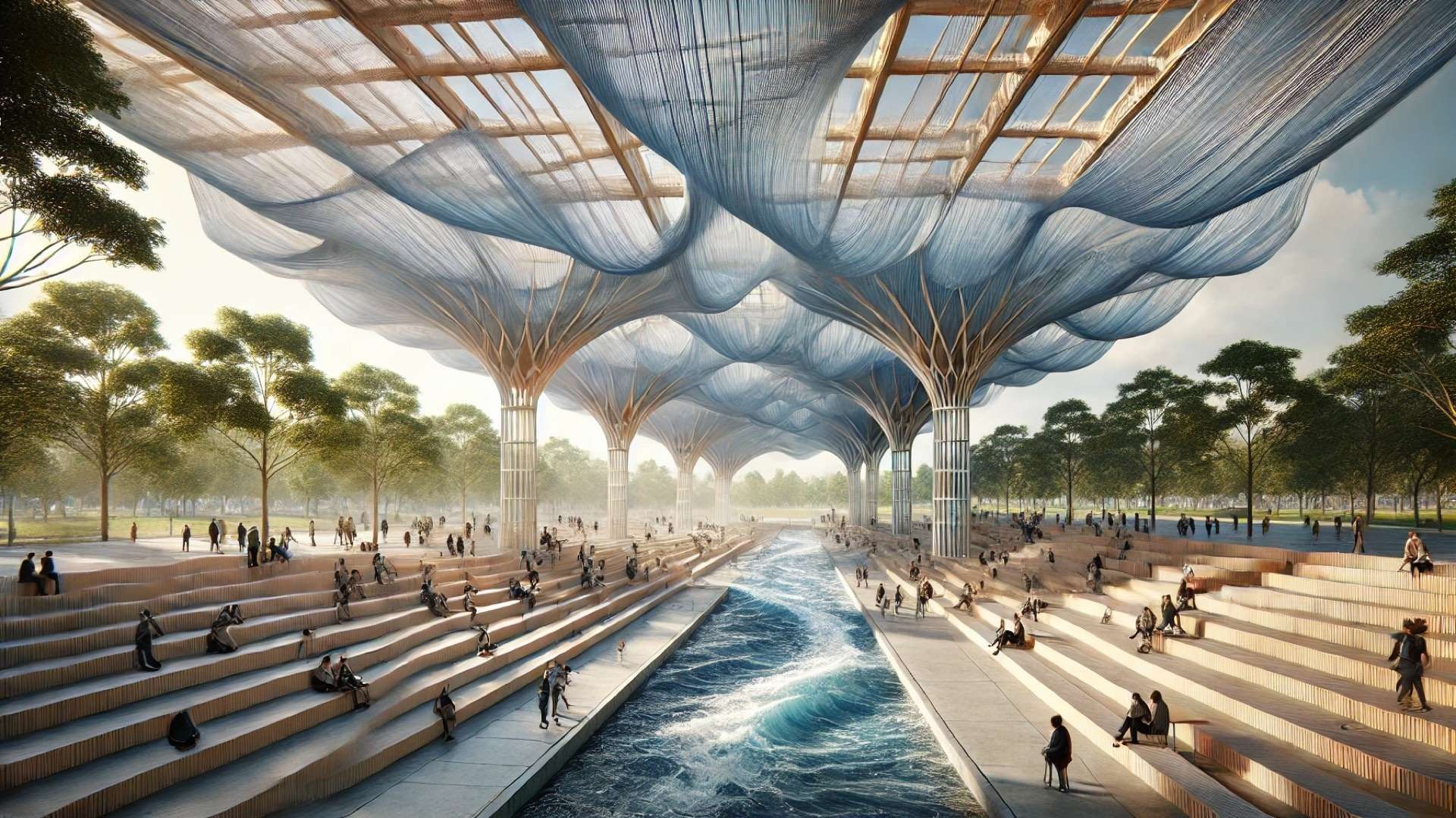 Temporary cultural pavilion in a Bogotá park with flowing blue fabric suspended beneath translucent vaulted roofs above stepped public gathering spaces and a water channel.