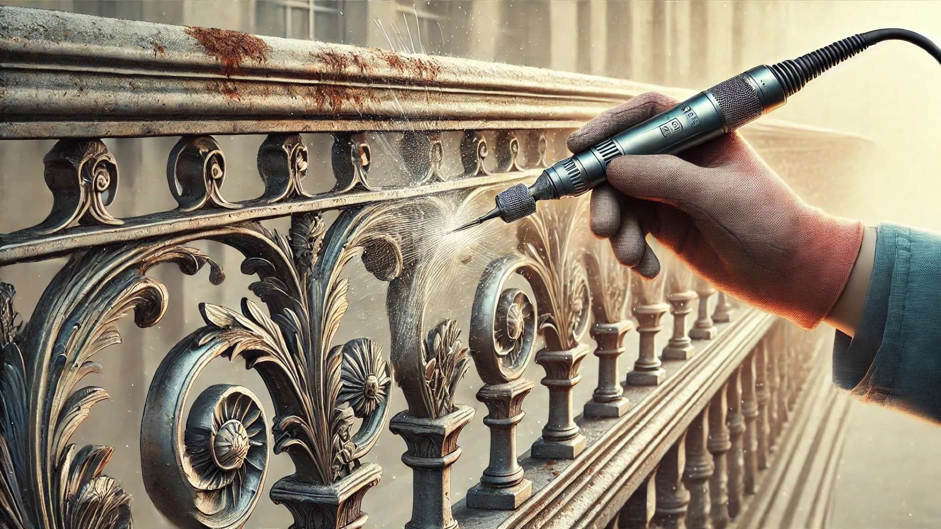 skilled restorer using a needle scaler to carefully remove rust and paint from intricate metalwork on a historic railing