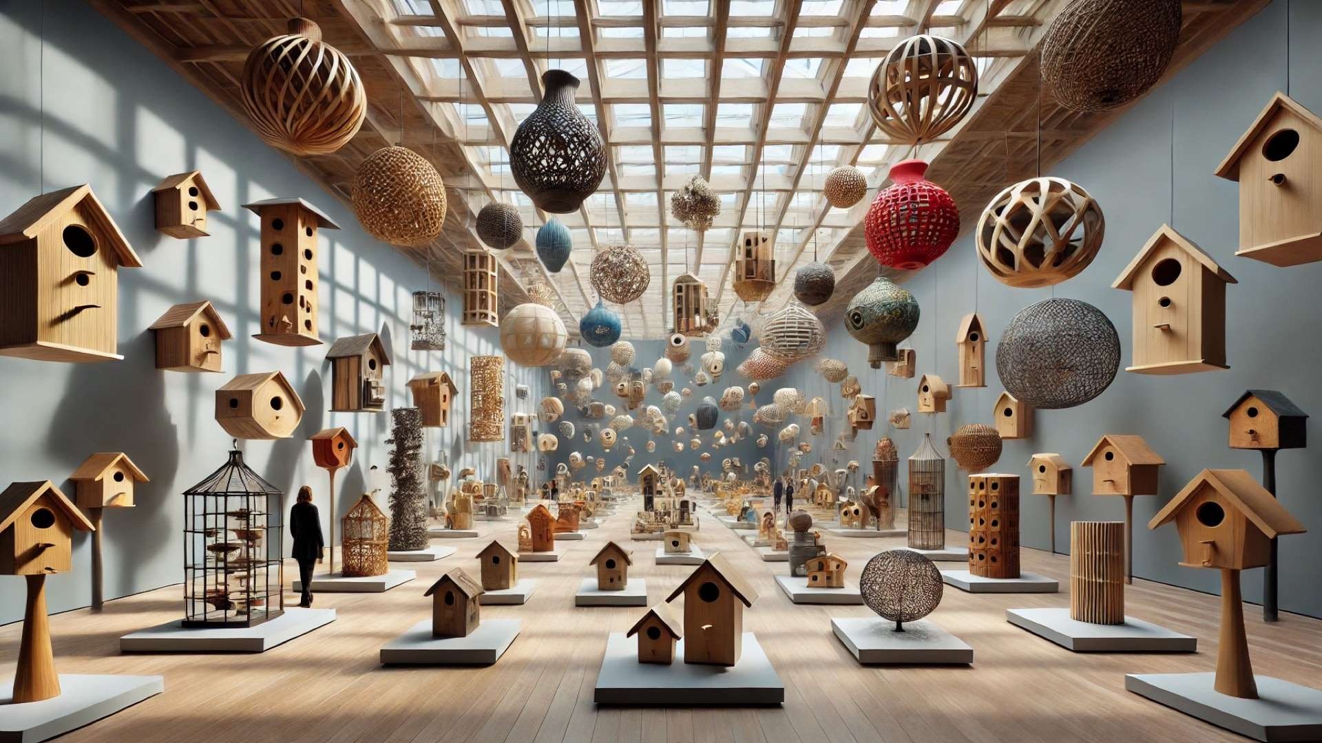 Contemporary museum gallery filled with sculptural birdhouses suspended from the ceiling and displayed on pedestals beneath a large skylight, blending natural materials and avant-garde design.