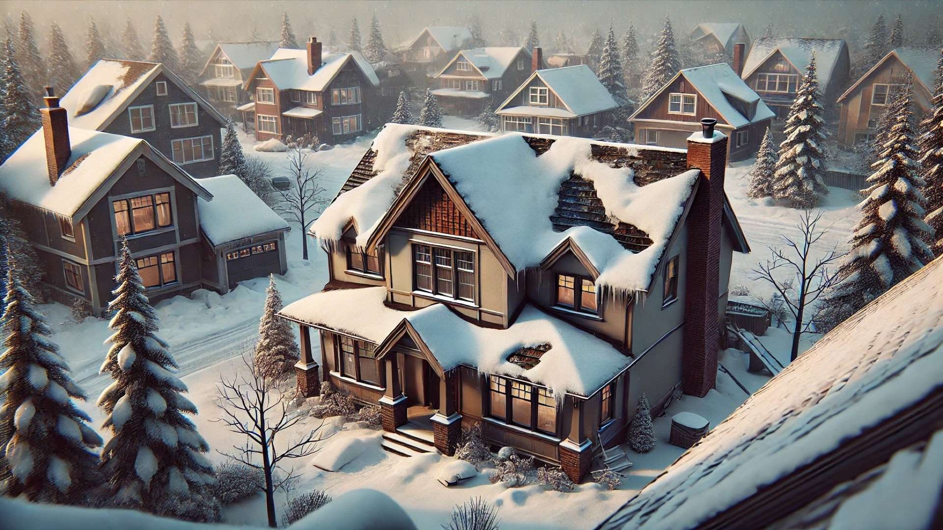 capturing the winter wear and vulnerability of an aging asphalt shingle roof, in contrast with nearby well-maintained homes