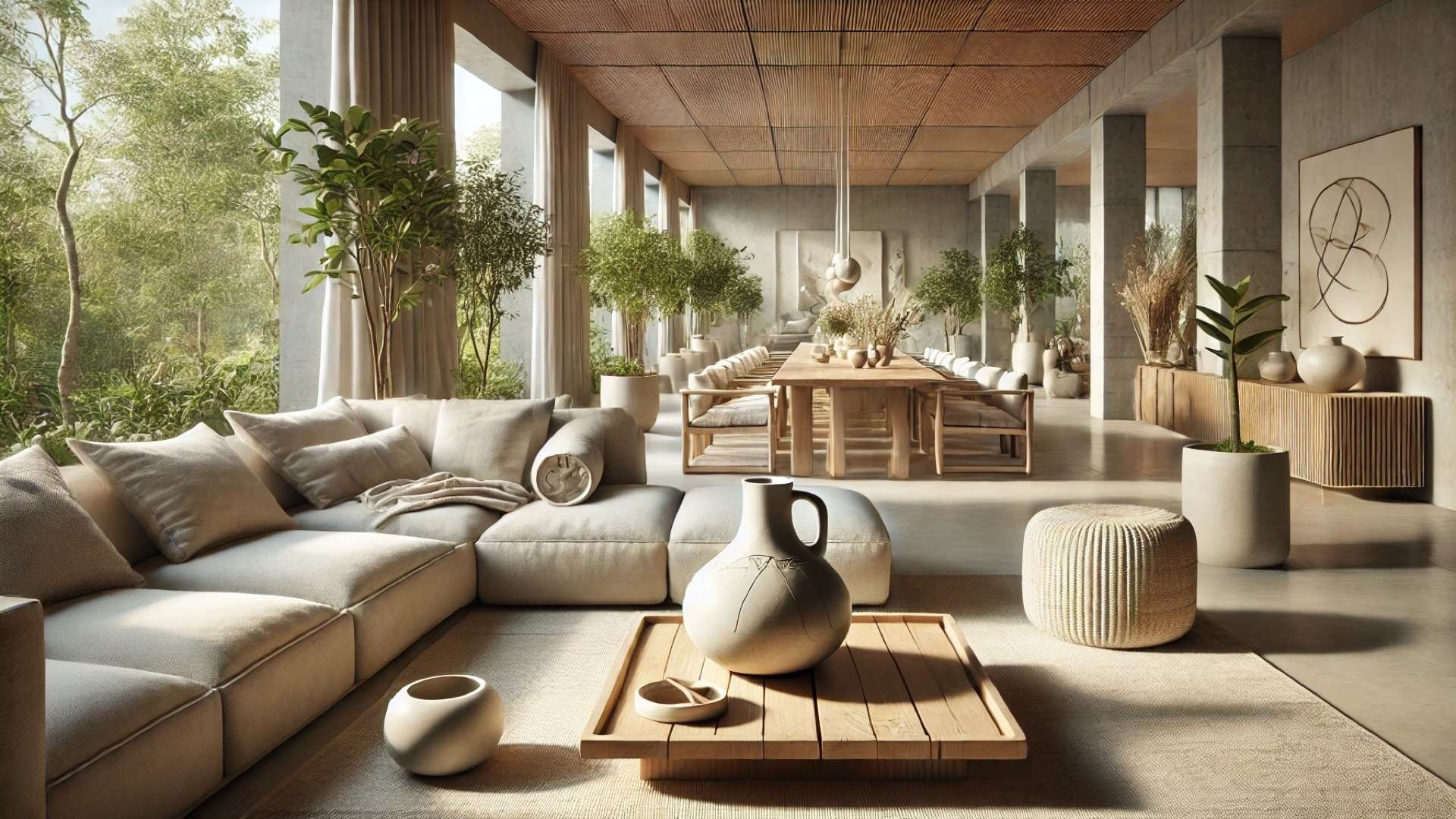 Sunlit luxury living room with modular sofas, reclaimed wood furniture, handcrafted stone vase, porcelain tableware, and abundant greenery emphasizing sustainable elegance.