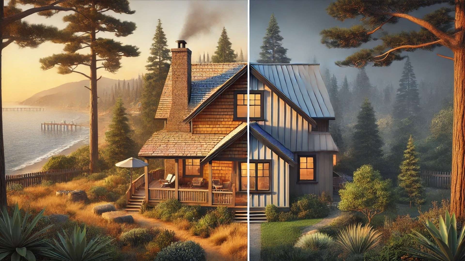 Split-view coastal cottage comparing weathered wood shake roof with sleek metal shake roof under contrasting smoky and clear skies.