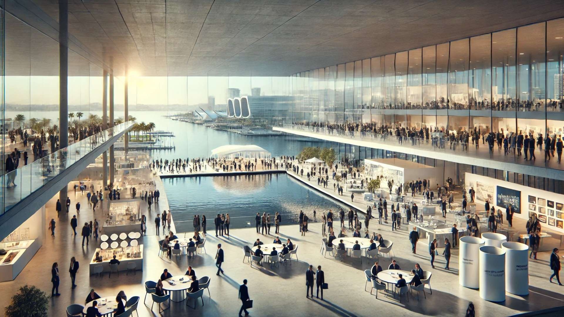 Large waterfront convention center filled with architects networking, seated discussions around tables, and exhibition displays, with expansive glass walls overlooking the harbor in warm daylight.