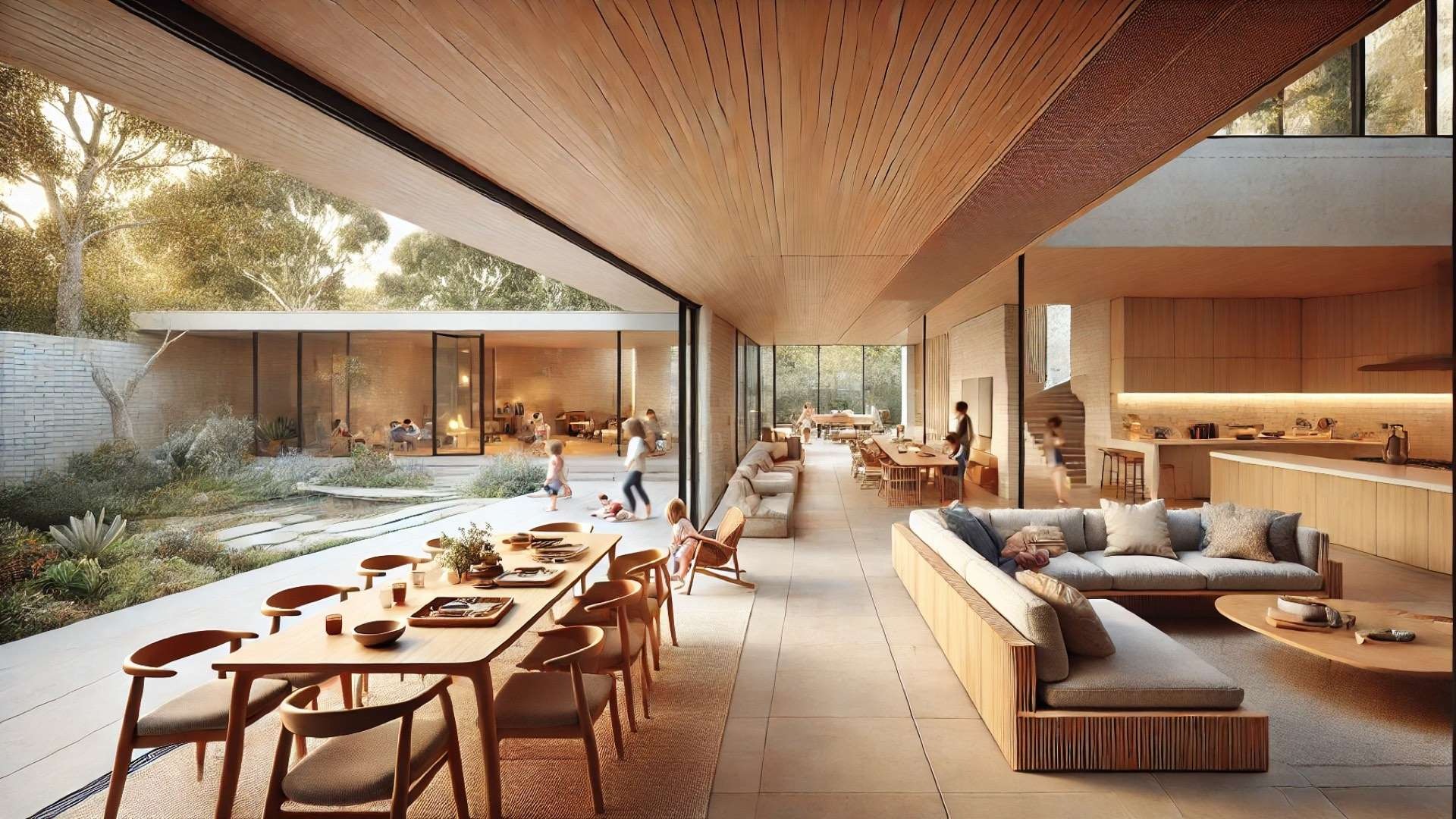 Warm mid-century inspired interior with expansive glazing, kitchen, dining, and lounge flowing together while children and family occupy interconnected indoor-outdoor spaces.