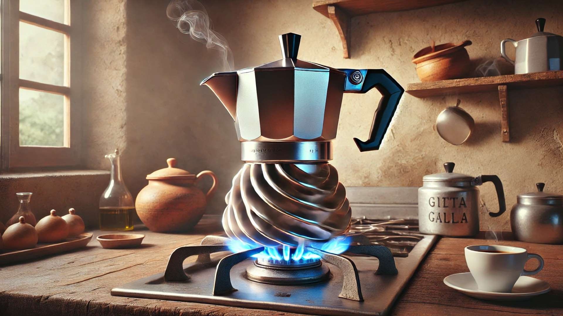 Innovative moka pot with a classic octagonal top and a continuous helical spiral metal base heating over a blue flame in a rustic Tuscan kitchen, with soft morning light, rising steam, and an espresso cup nearby.