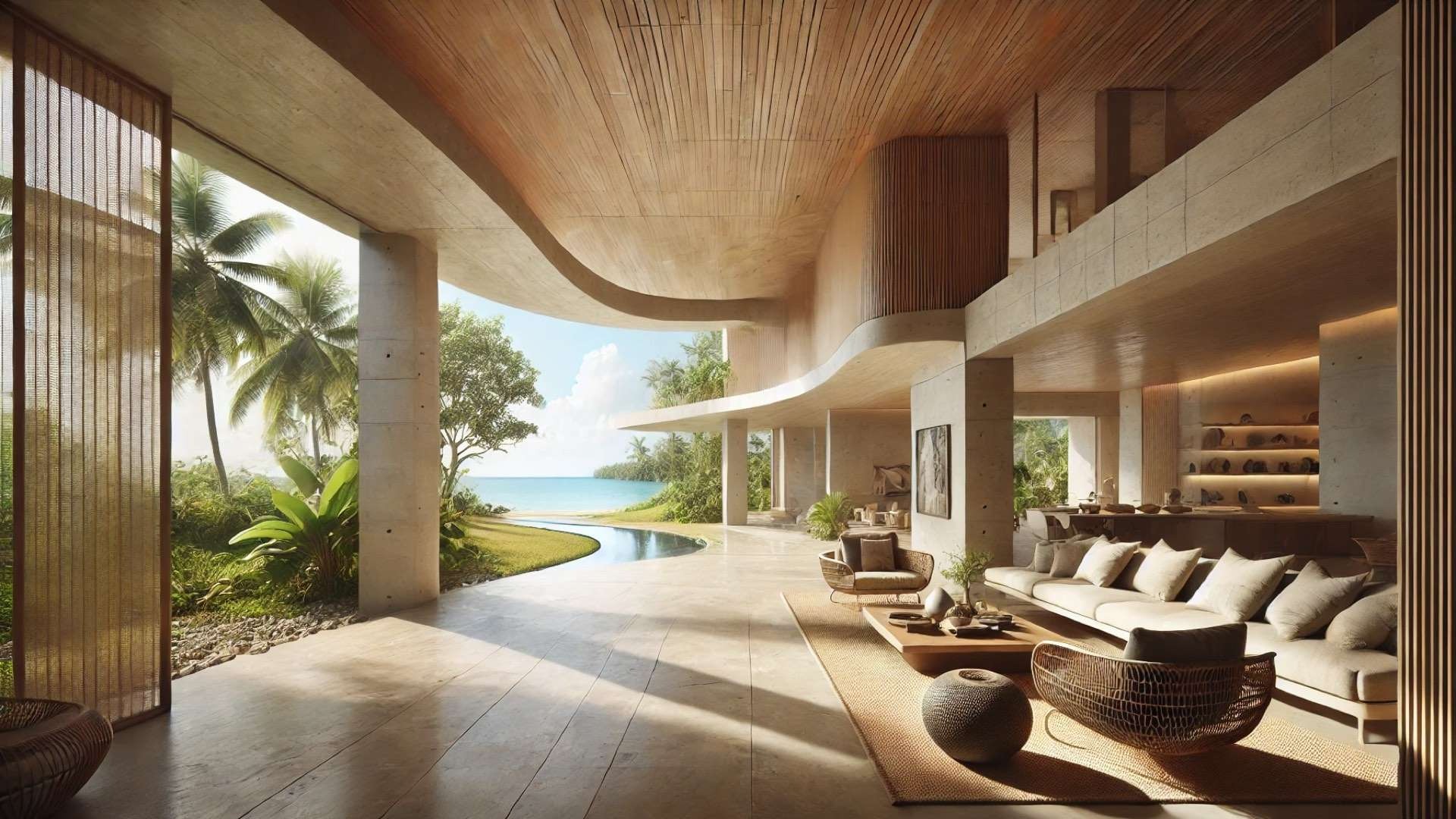 Tropical modern home with gently curved walls, natural materials, and open living spaces flowing toward greenery and distant sea views under soft daylight.