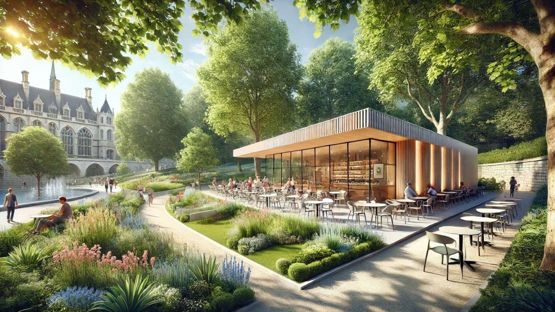 Modern glass-and-wood park bistro pavilion surrounded by lush trees, garden paths, and outdoor café seating in a sunny European city park.