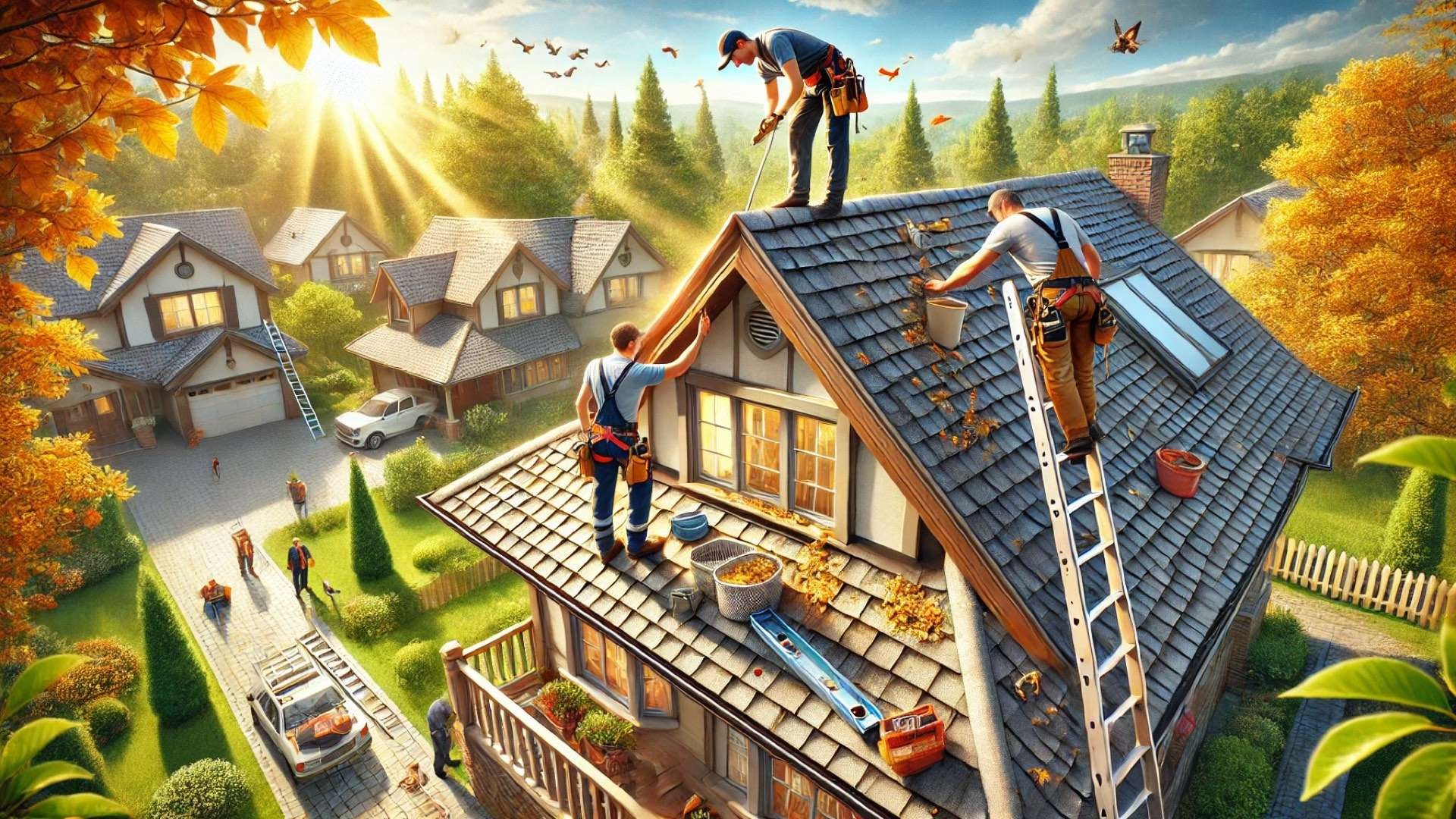 Homeowner and professional roofer inspecting and maintaining a suburban house roof with ladders, tools, and gutters being cleaned, surrounded by trees showing seasonal changes.