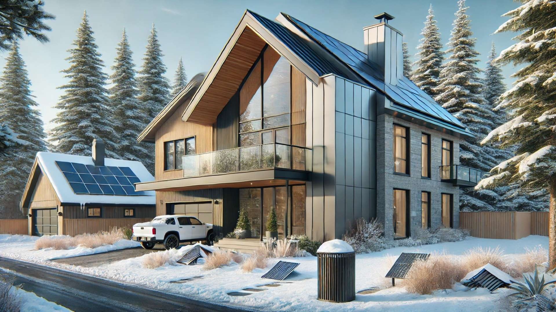 Contemporary house with a reflective metal roof beside an older structure with traditional shingles, set in a snowy forested setting emphasizing durability and environmental contrast.