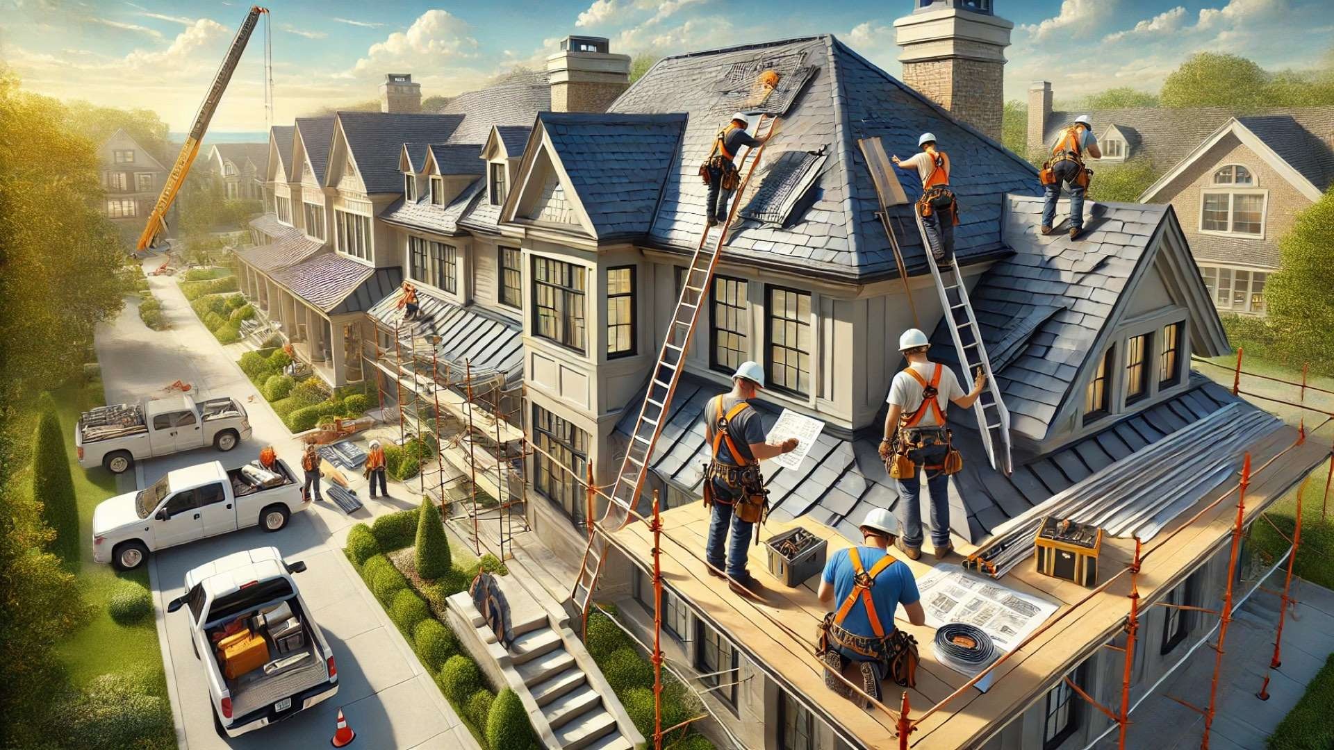 high-end roofing project with a strong emphasis on safety and craftsmanship, set in an upscale neighborhood