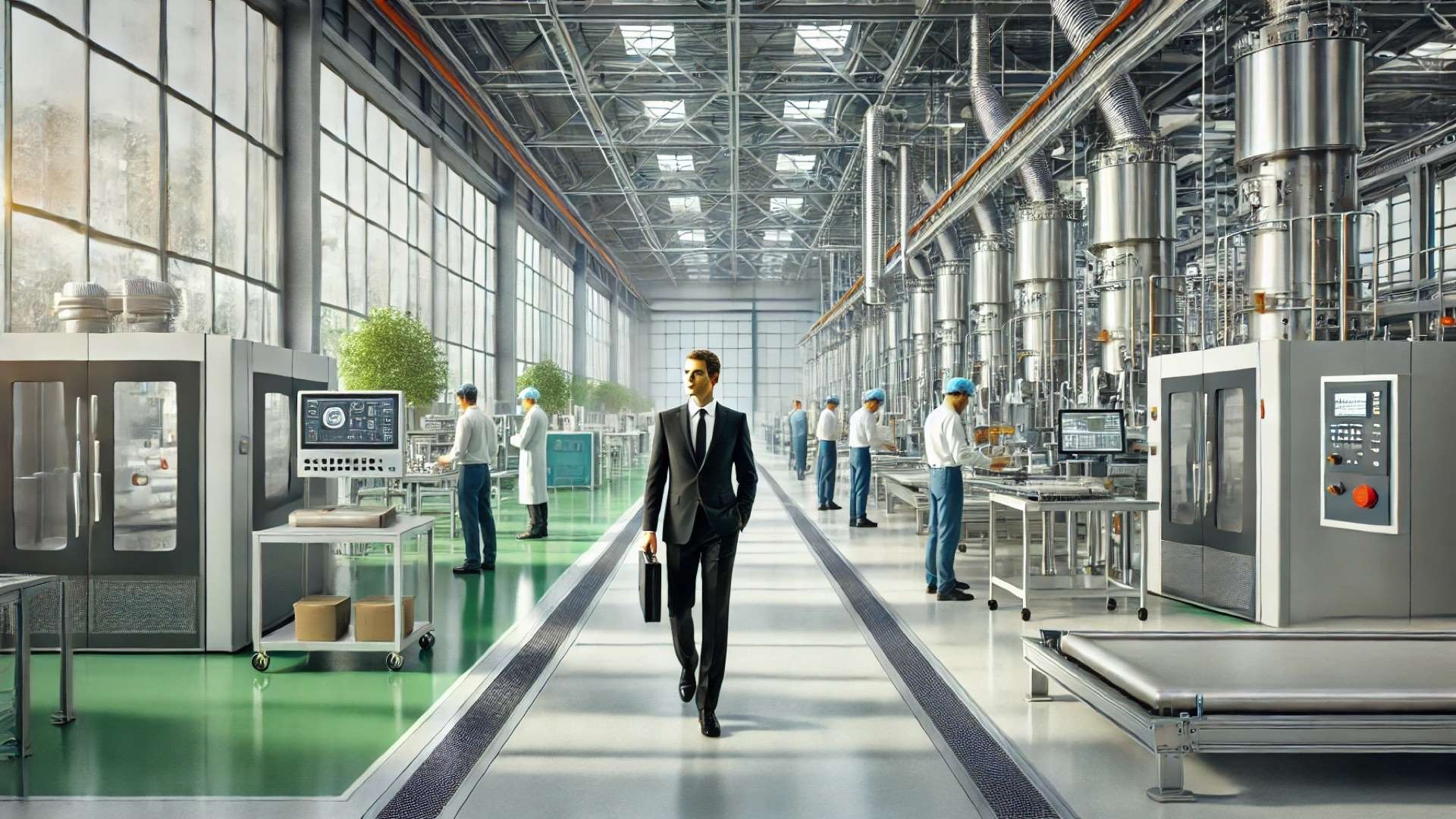 Executive walking through a modern coatings manufacturing facility with engineers and automated production lines in a bright, clean industrial setting.