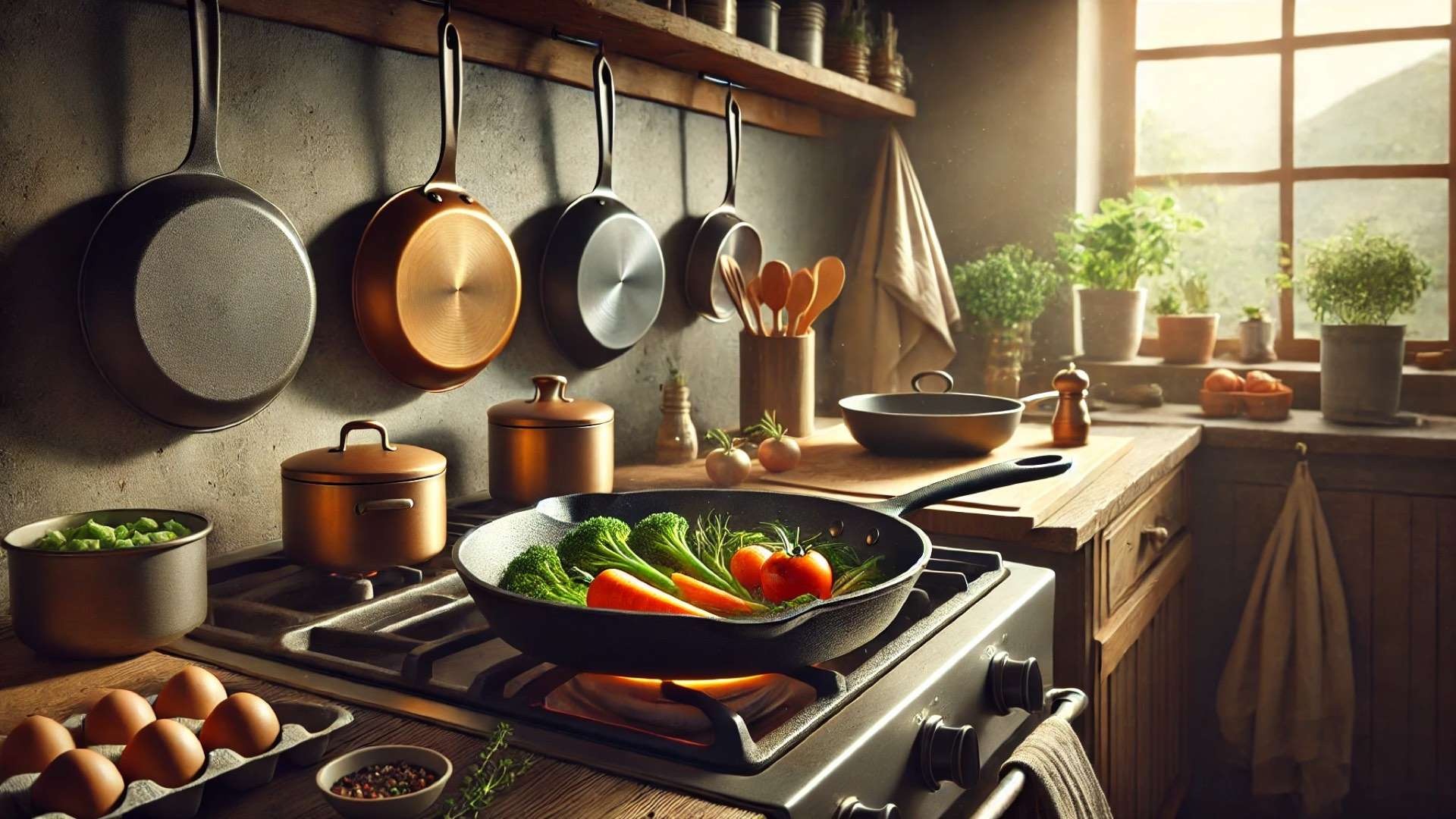 Carbon steel skillet on a gas stove in a cozy kitchen, surrounded by hanging pans, wooden utensils, and fresh ingredients in soft natural light.