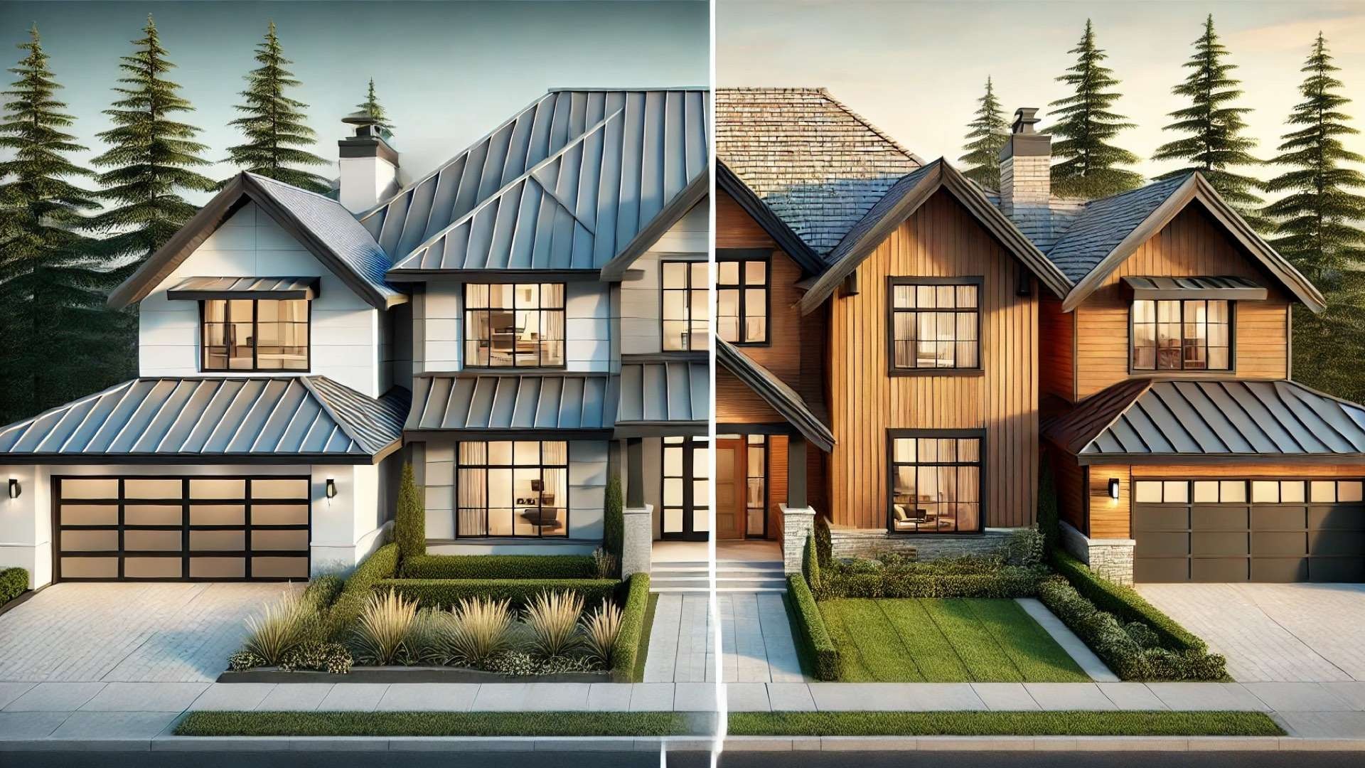 Side-by-side comparison of two upscale homes, one with a sleek standing seam metal roof and the other with a warm cedar shake roof.
