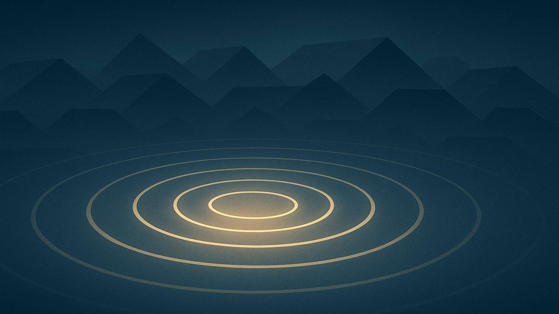 A minimalist dark-slate landscape with soft geometric rooftop silhouettes in the distance and luminous concentric rings radiating outward, symbolizing authority compounding over time.