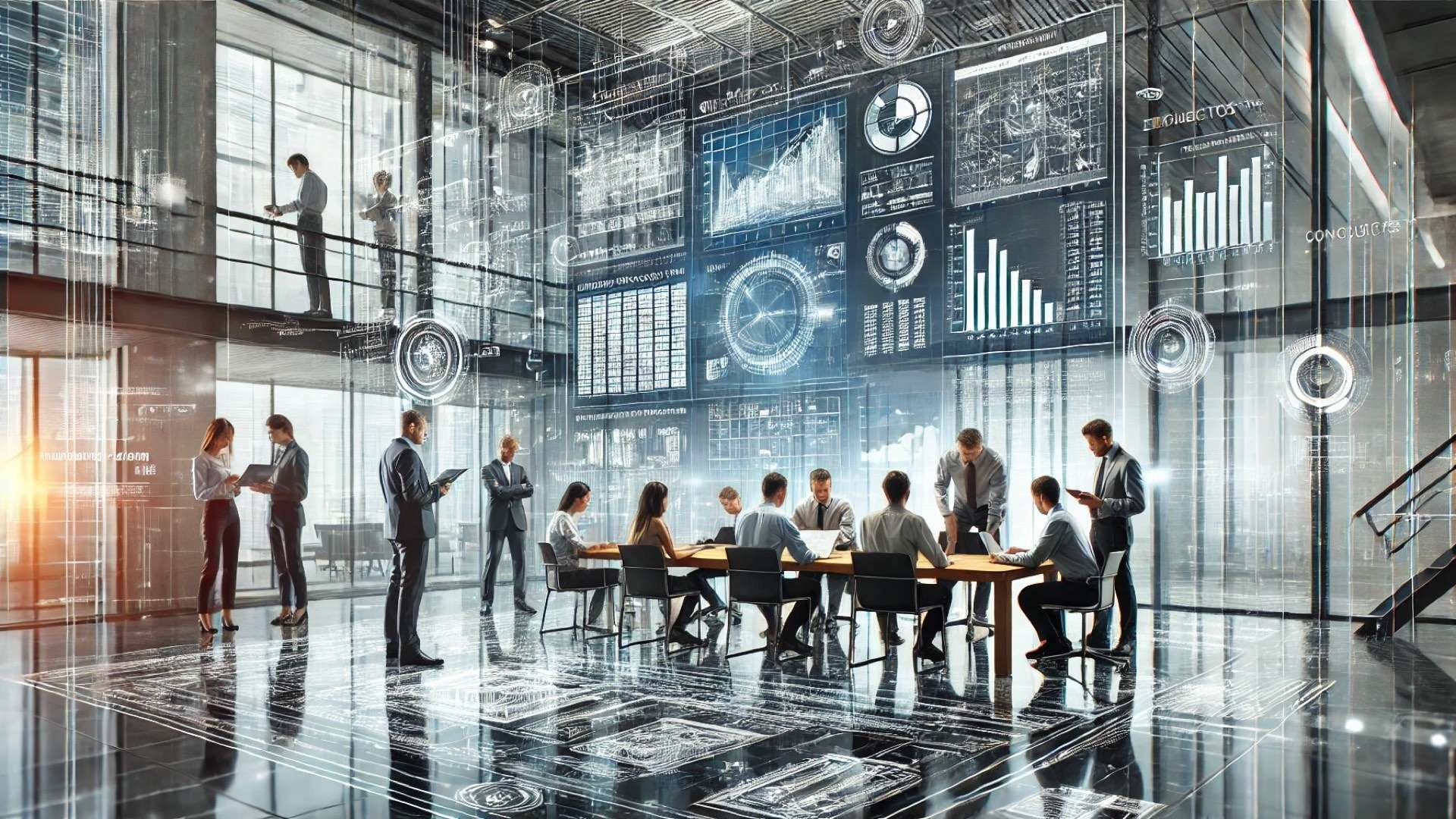 modern construction technology office, where contractors and estimators collaborate using digital tools and real-time data visualizations that embody innovation, precision, and efficiency