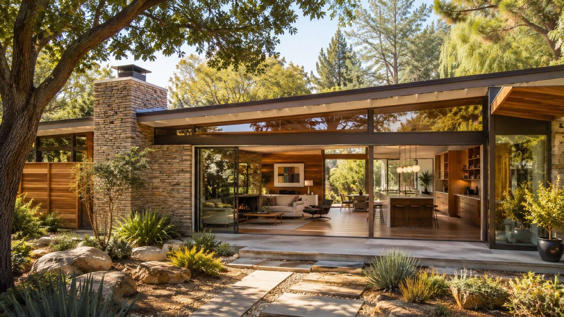 A renovated mid-century modern home with clean horizontal lines, stonework, expansive glass walls, warm wood interiors, and a landscaped natural setting shows how period character can be preserved while updating the home for modern living.