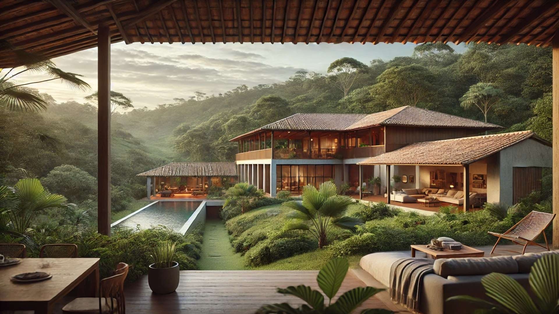 Contemporary countryside residence in São Paulo’s wooded hills featuring timber and concrete architecture, lush gardens, open-plan interiors, and seamless indoor-outdoor living beside a long reflecting pool.