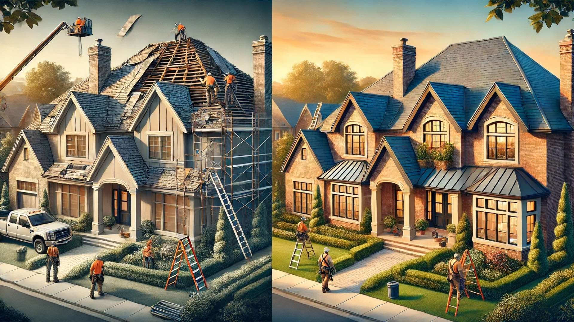 Before-and-after view of a luxury home roof replacement, with workers installing a new roof on one side and a completed high-end roof on the other.