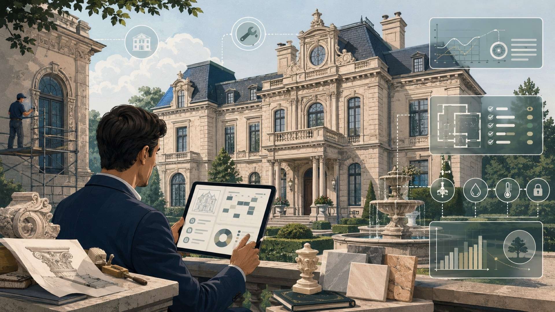 A property owner reviews a digital management dashboard in front of a grand historic mansion, as maintenance, planning, and performance data float around the estate to suggest software-guided property care.