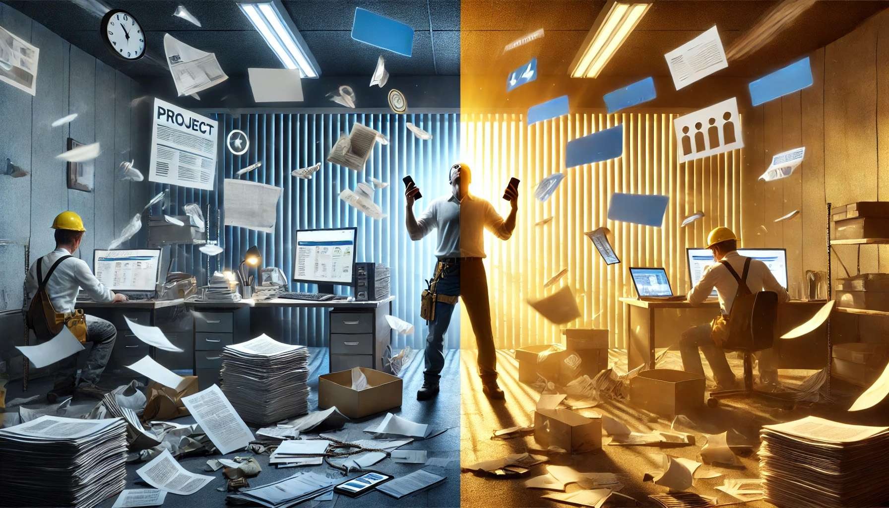 A dramatic split-screen showing a cluttered, chaotic roofing office on one side and an efficient, organized digital workflow on the other, representing the transformation from vendor dependency to controlled lead generation.