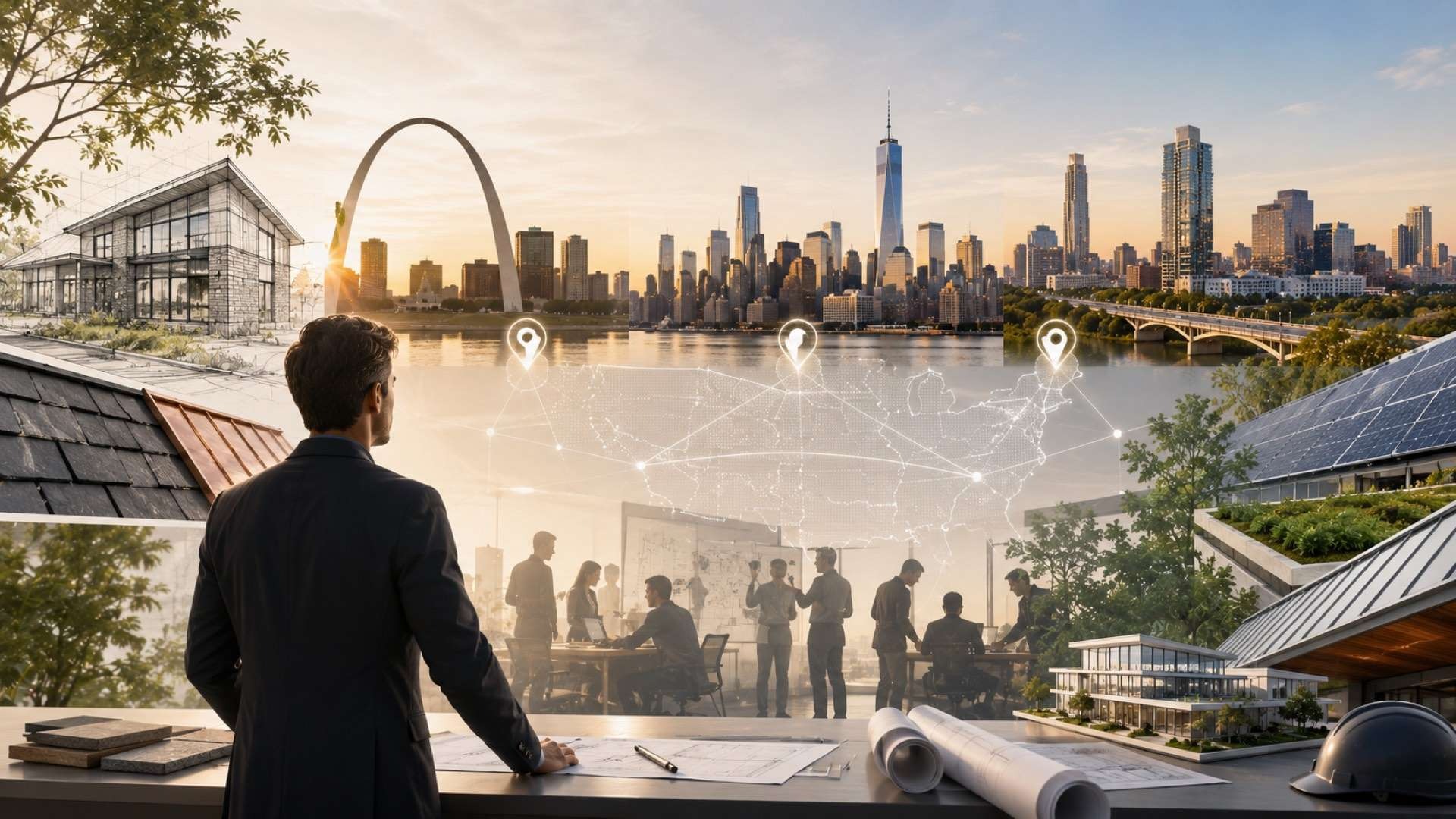 An architect stands before plans and scale models while teams collaborate across offices connected to St. Louis, New York, and Austin, with modern city skylines, sustainable roofs, and solar elements representing strategic hiring, architectural innovation, and future-focused design.