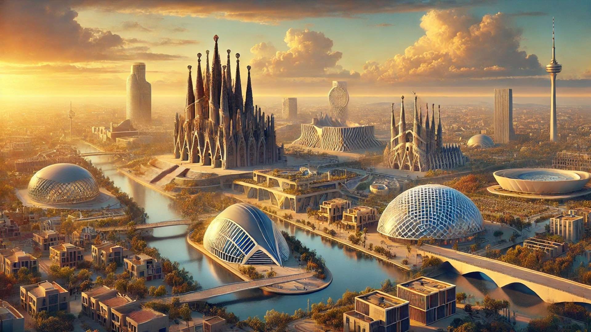 Global architectural panorama featuring an ornate basilica, futuristic arena, sweeping bridge, and sculptural museums under a dramatic golden sunrise sky.