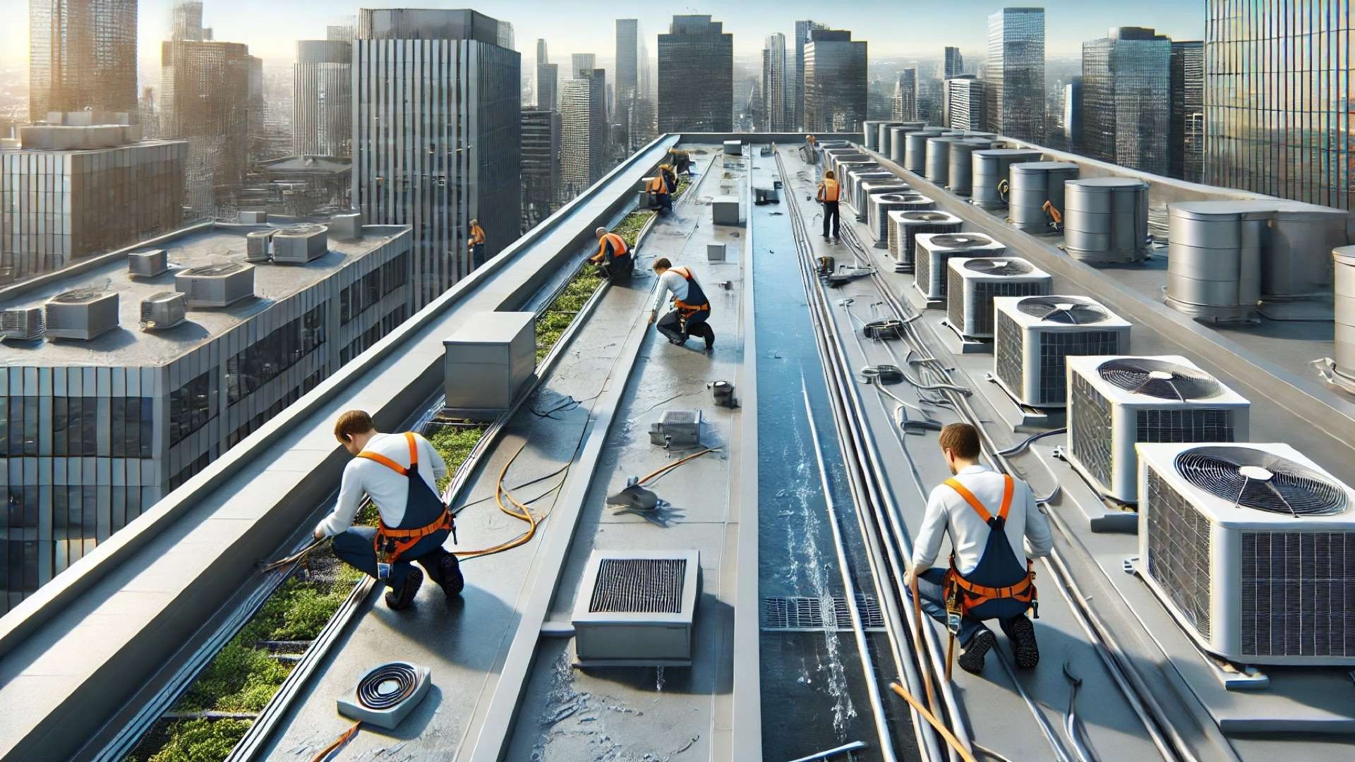 professional contractors maintaining and inspecting a commercial rooftop, emphasizing preventive care, safety, and efficiency