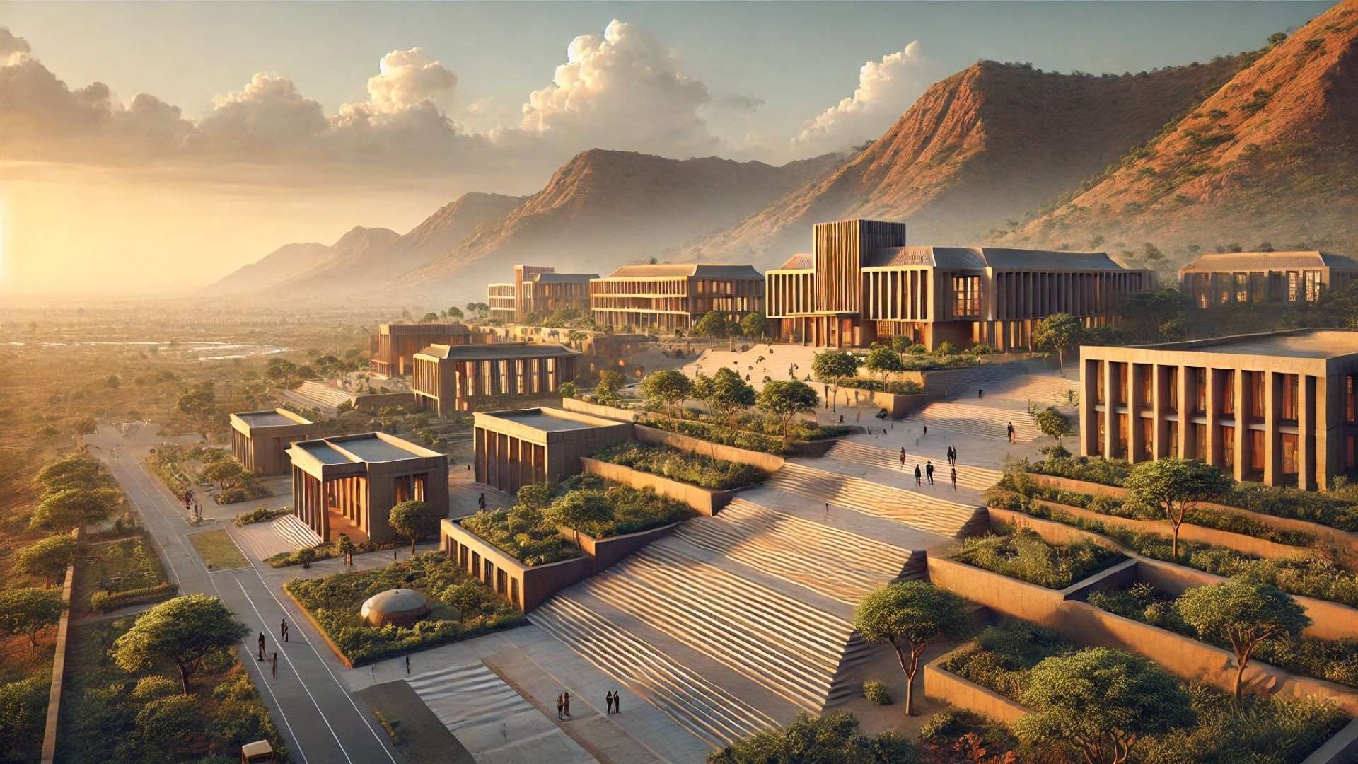 Terraced modern educational campus of exposed concrete and stone stepping down a hillside against dramatic Sahyadri mountains, with pedestrian gardens and students walking in warm afternoon light.