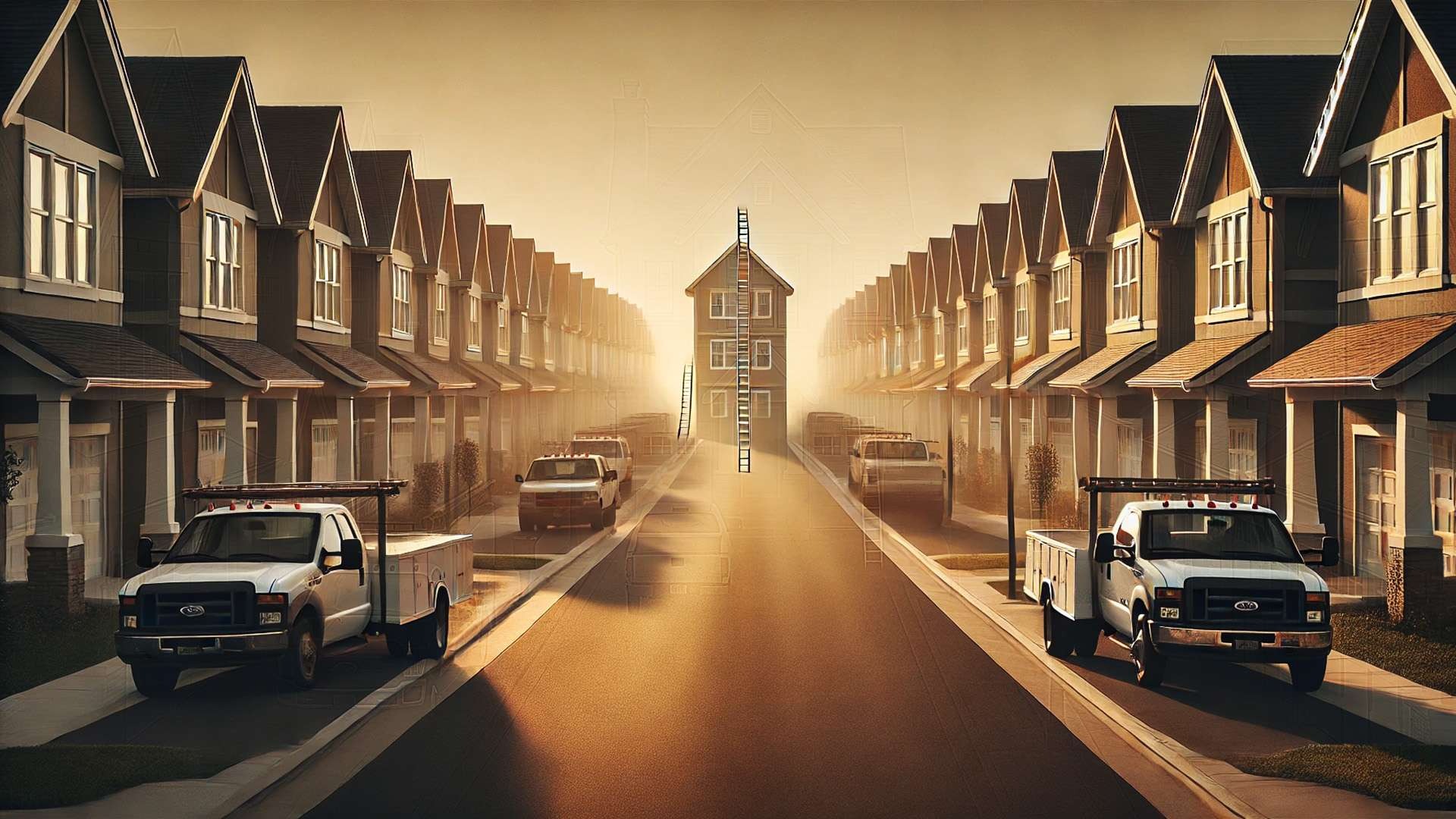 Perfectly symmetrical suburban street with a single house centered at the vanishing point, one ladder reaching the roofline while others remain distant, symbolizing incomplete execution.