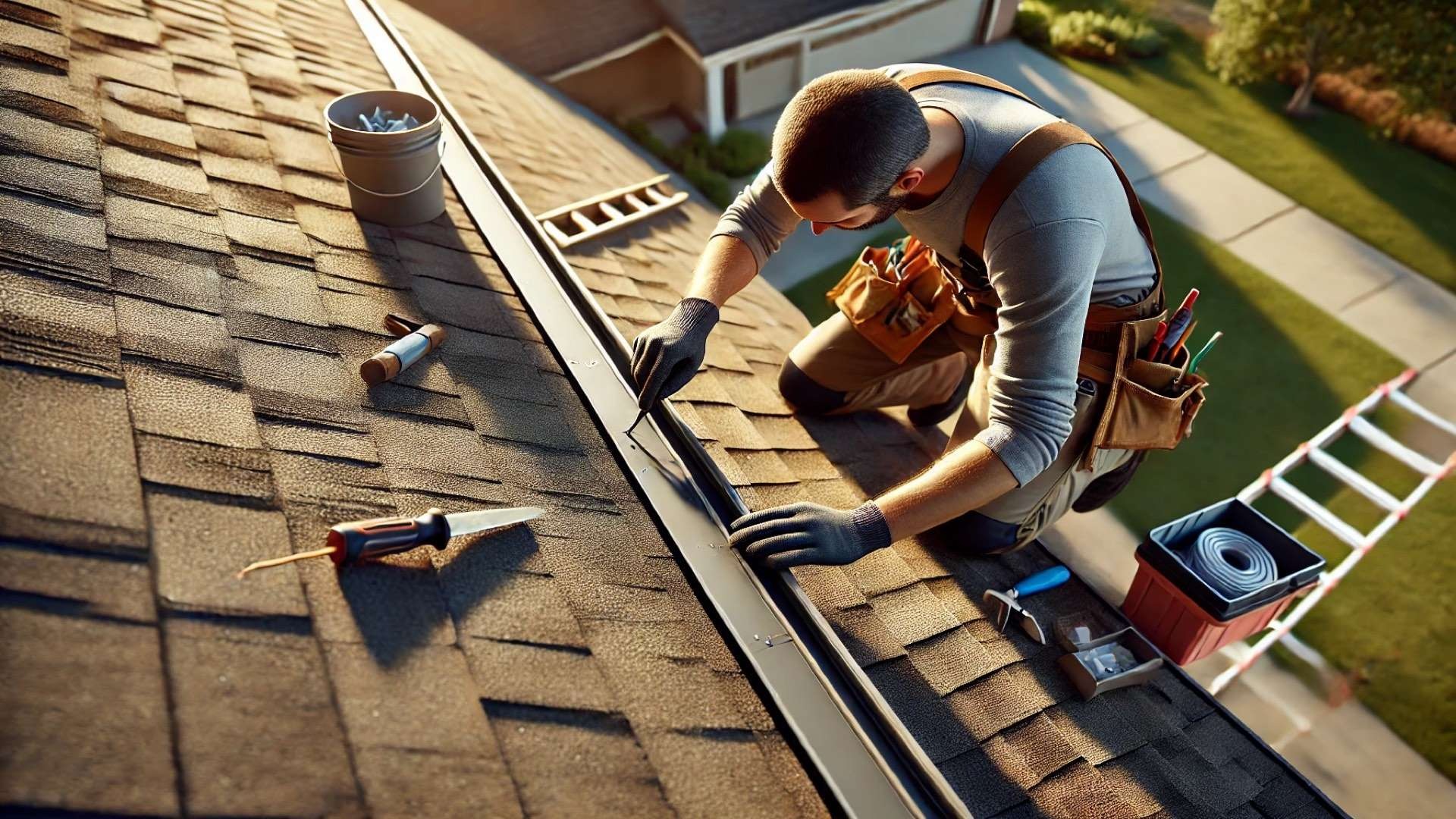 roofer performing maintenance under natural daylight, showcasing careful craftsmanship and attention to detail