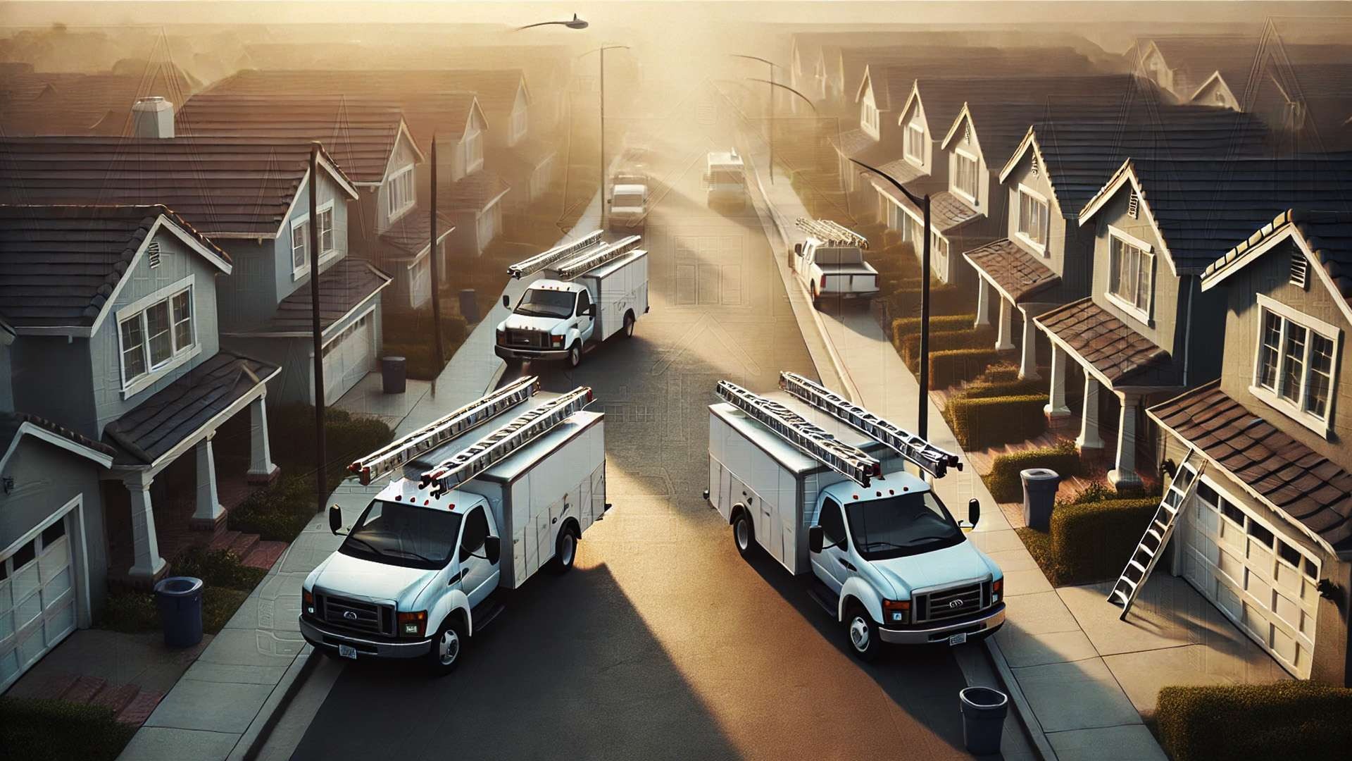 Two contractor trucks positioned across a residential street with ladders leaning against houses, one ladder visibly misaligned, highlighting uncertainty and risk.