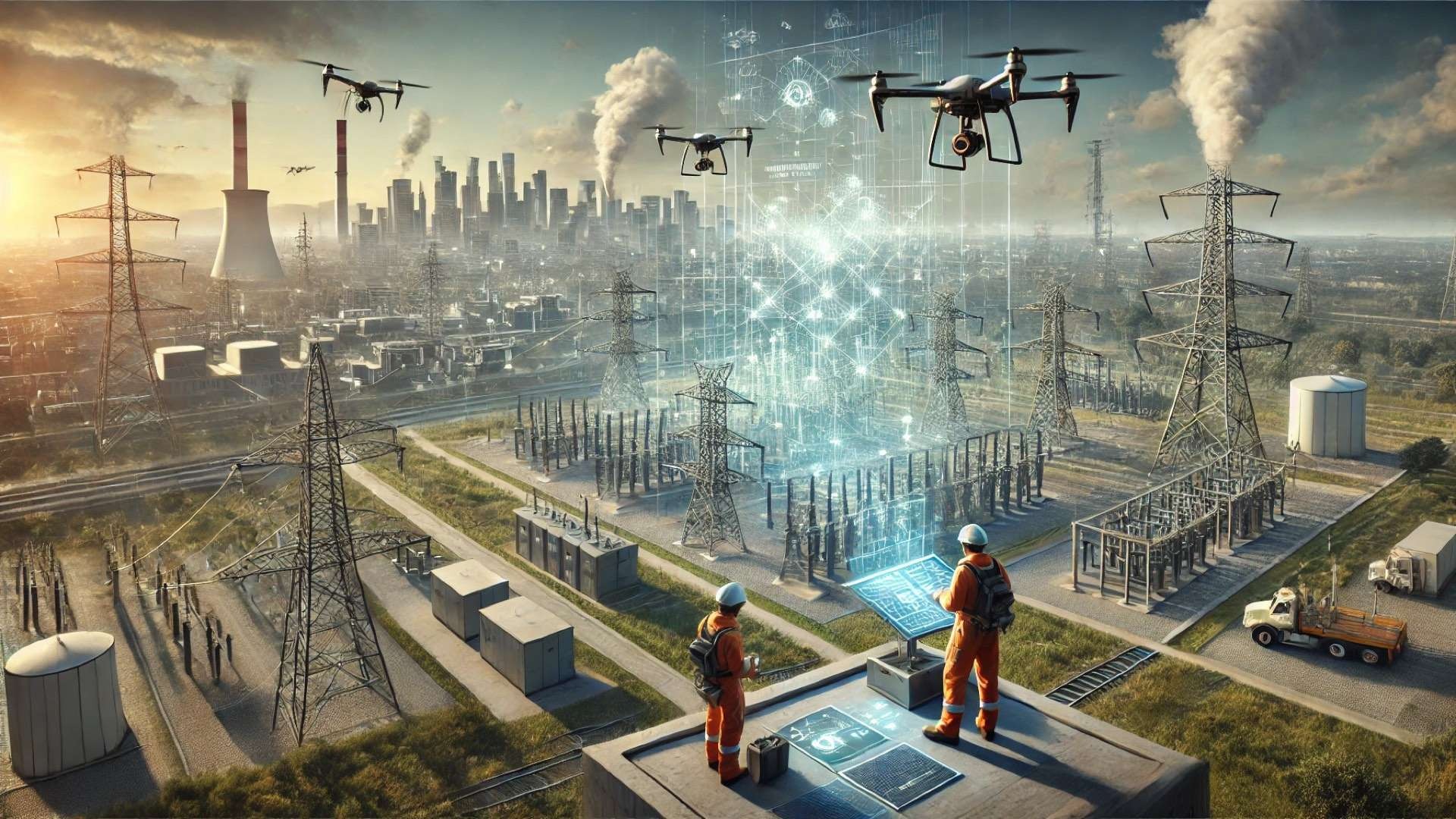 Engineers in safety gear analyzing holographic 3D infrastructure data as drones inspect power lines and substations near a modern city skyline.