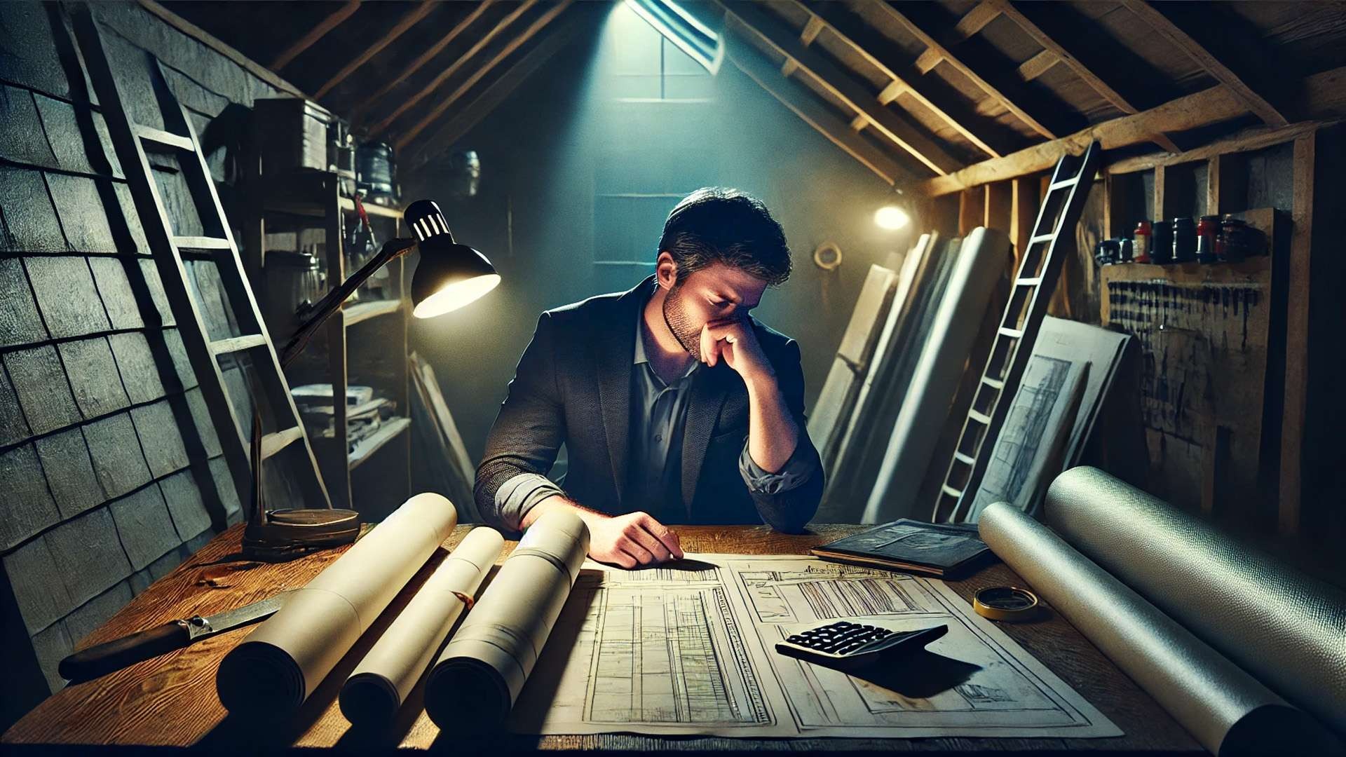 A tired roofing contractor sits at a cluttered desk late at night, illuminated by a harsh desk lamp, showing the emotional burnout caused by constant lead-chasing.