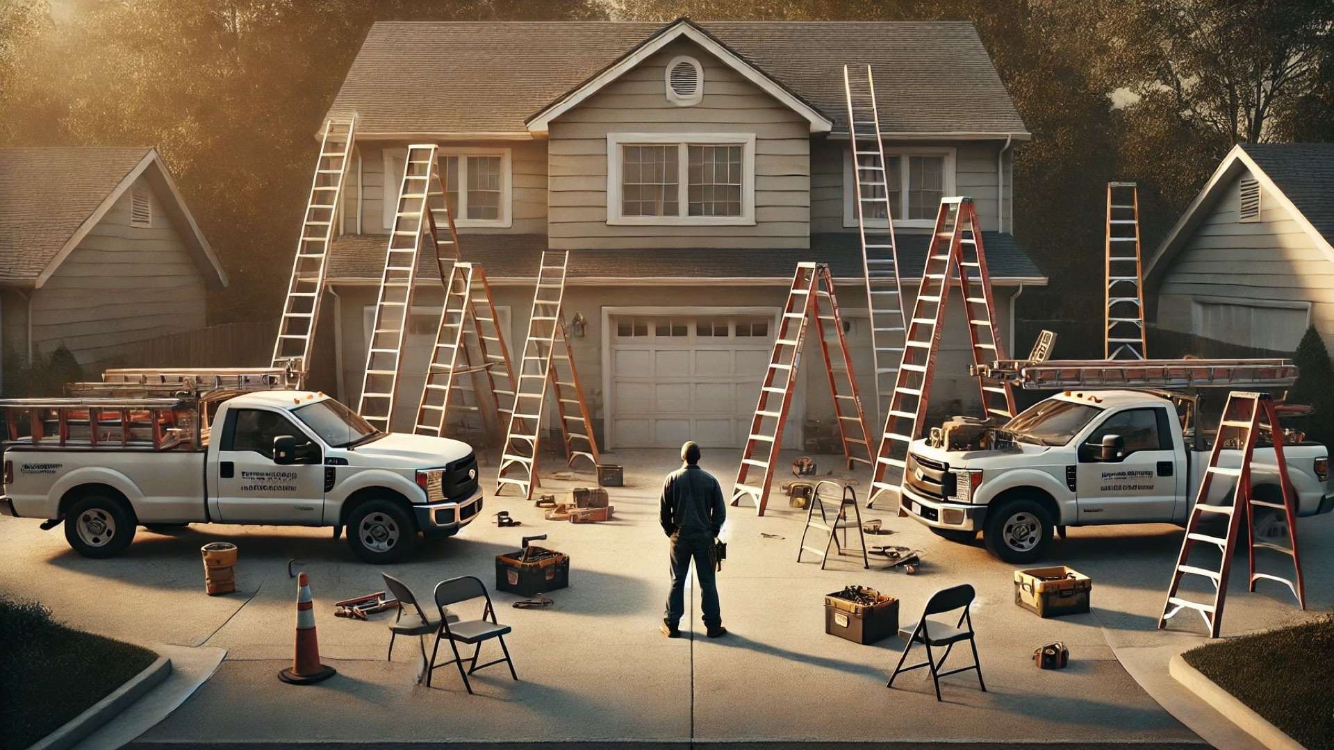 Roofing job site in a neighborhood with visible staging and multiple cues, emphasizing operational friction and complexity.