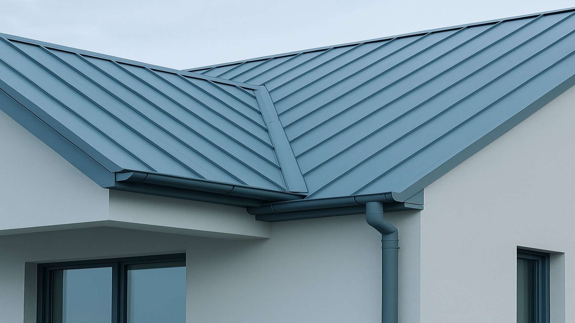 Close-up of silver standing-seam metal roof with clean geometric seams