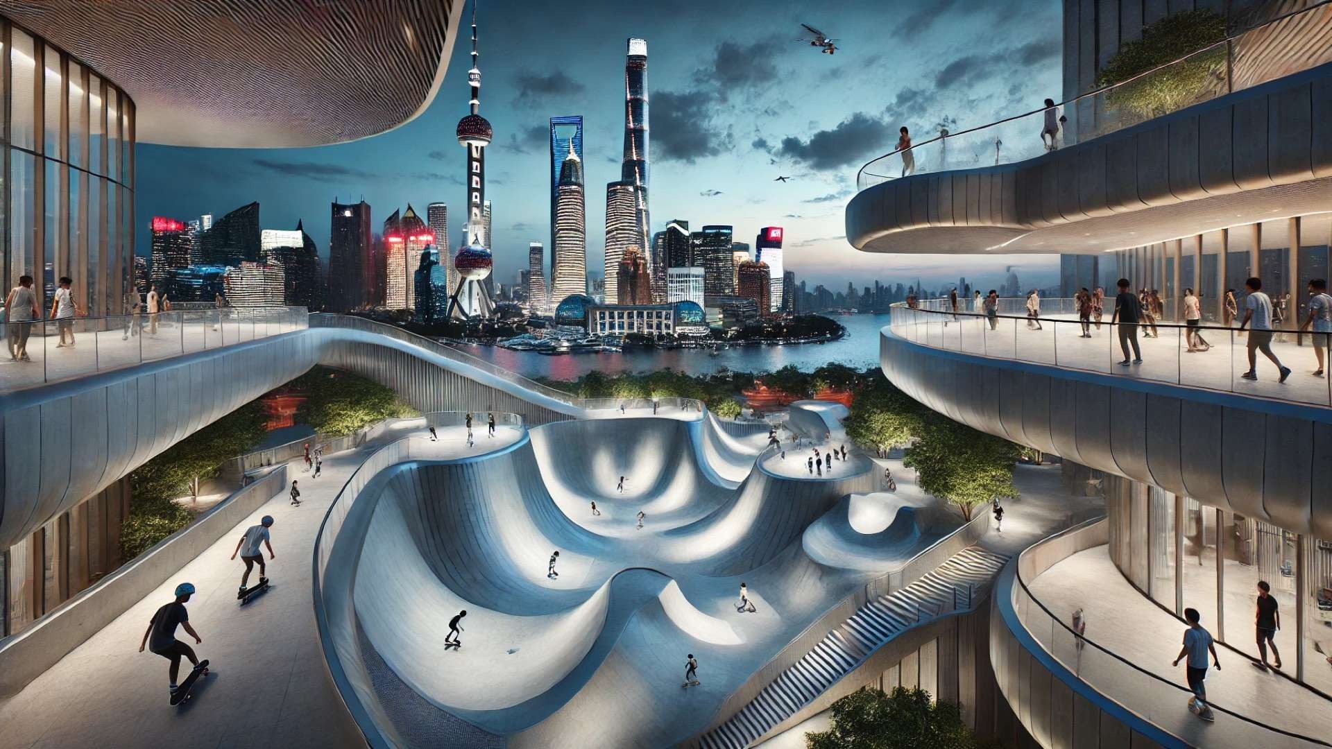 futuristic elevated skatepark in Shanghai, showcasing its fluid, wave-like architecture integrated with the city’s skyline and community spaces