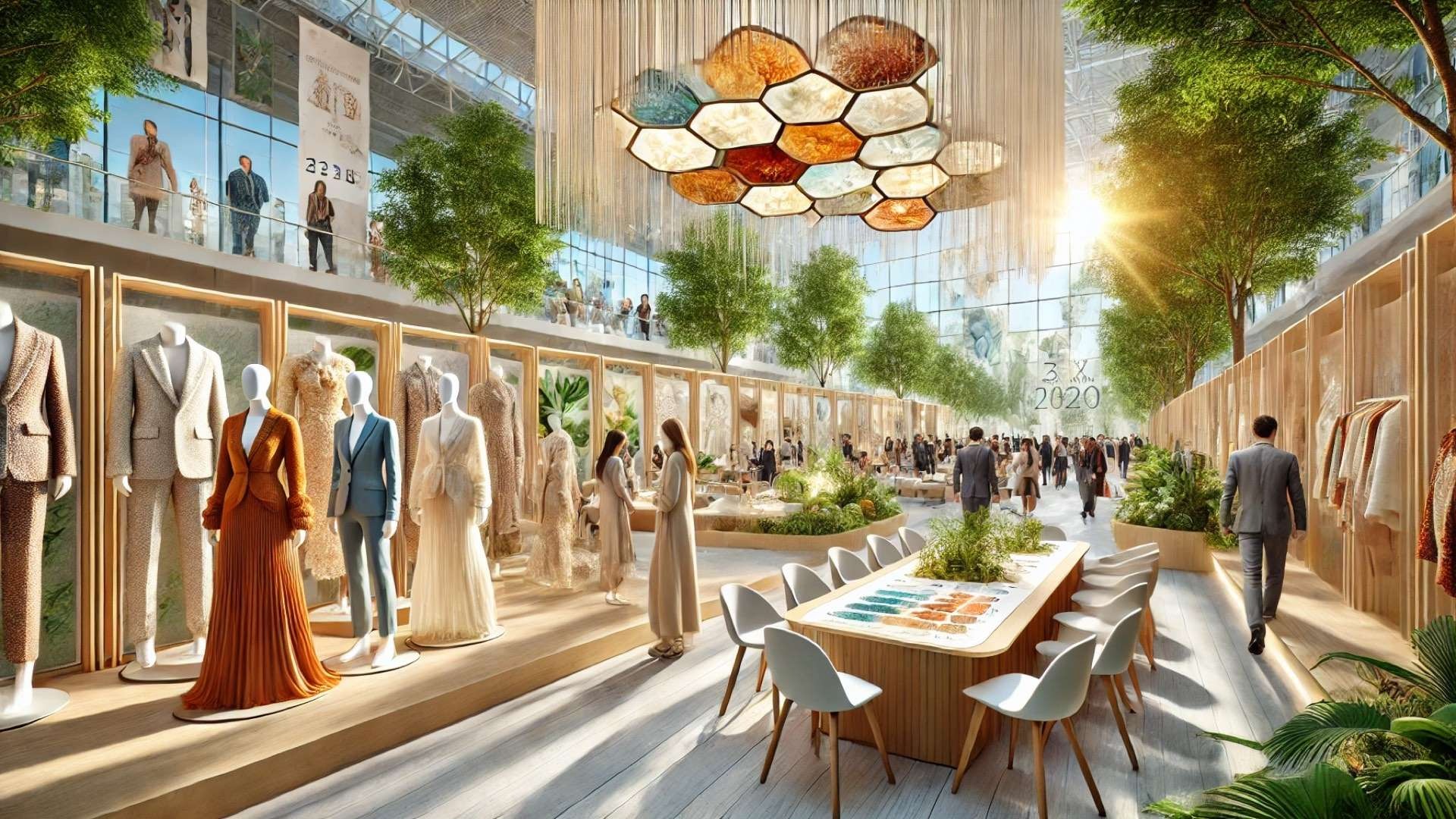 Contemporary sustainable fashion trade fair space with eco-luxury garments, natural materials, and greenery under a skylit exhibition hall.